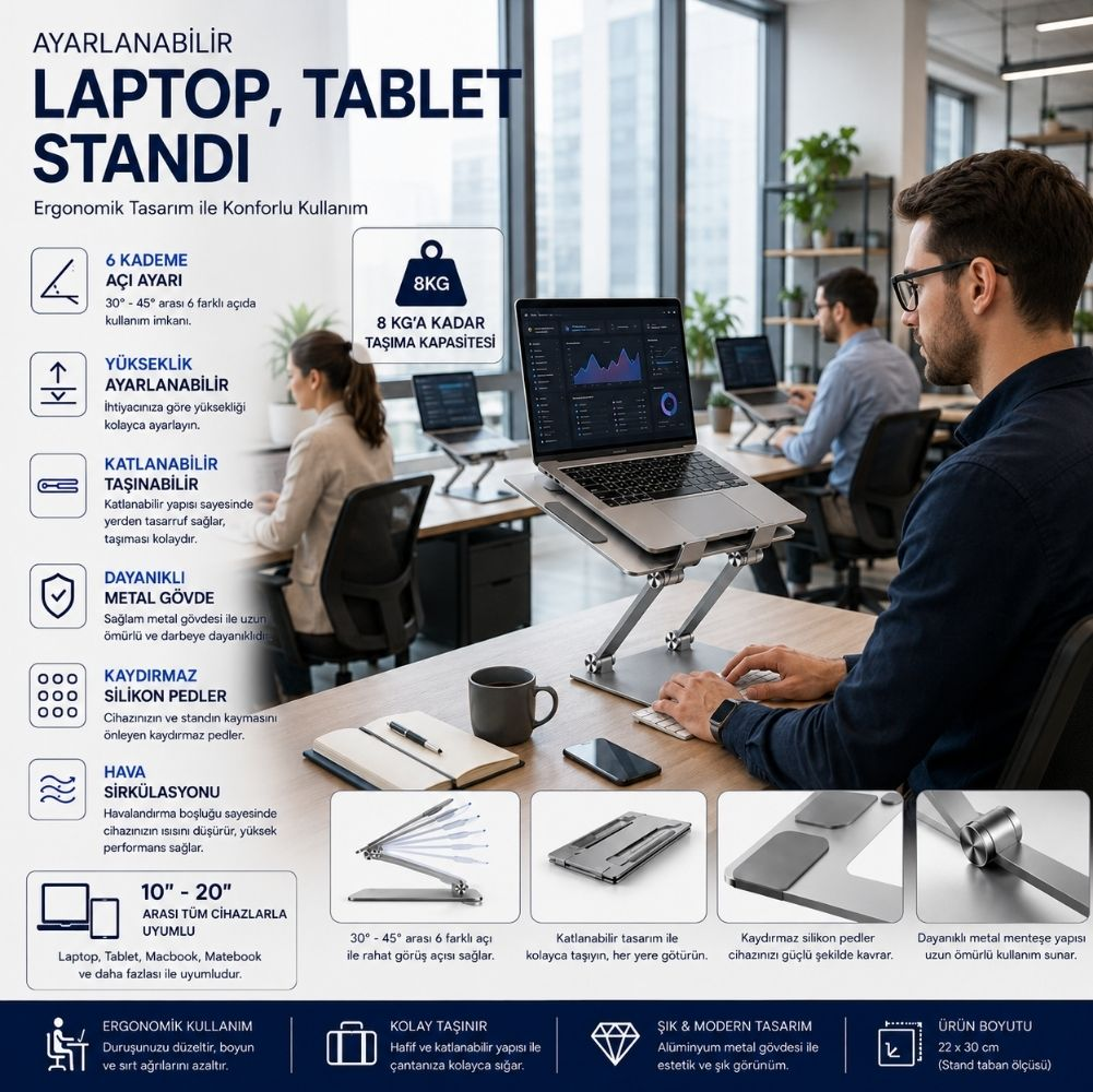 Ofis masasında ayarlanabilir laptop standı, yükseklik ayarı, metal gövde ve silikon pedler gibi özellikler gösteriyor.