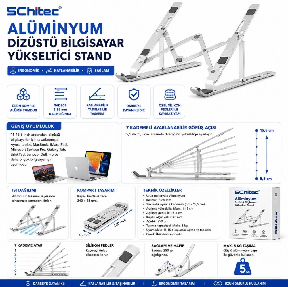 Çeşitli yükseklik ayarları ve ürün detayları olan gümüş katlanabilir alüminyum laptop standı.