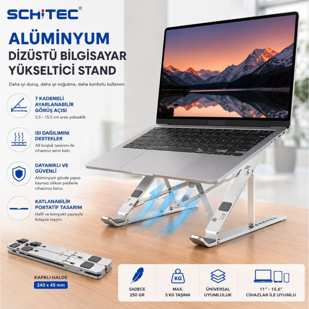 Ahşap masa üzerinde dizüstü bilgisayar tutan alüminyum stand, özellik simgeleri ve Türkçe metinlerle çevrili.