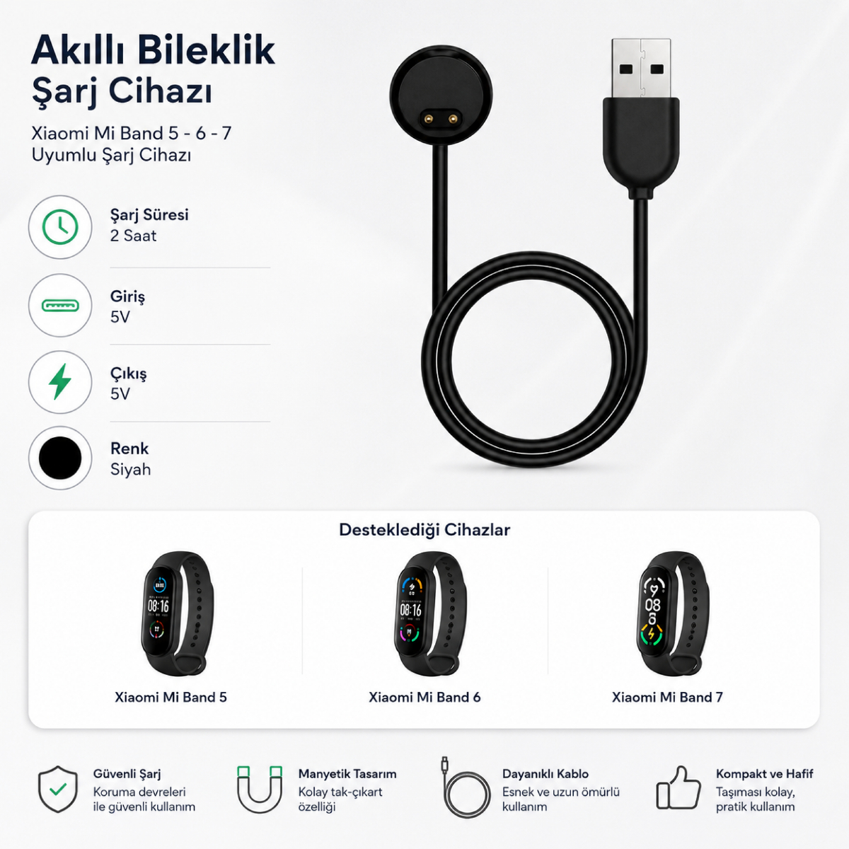 Xiaomi Mi Band 5, 6 ve 7 için USB bağlantılı ve manyetik kafalı siyah akıllı bileklik şarj kablosu.