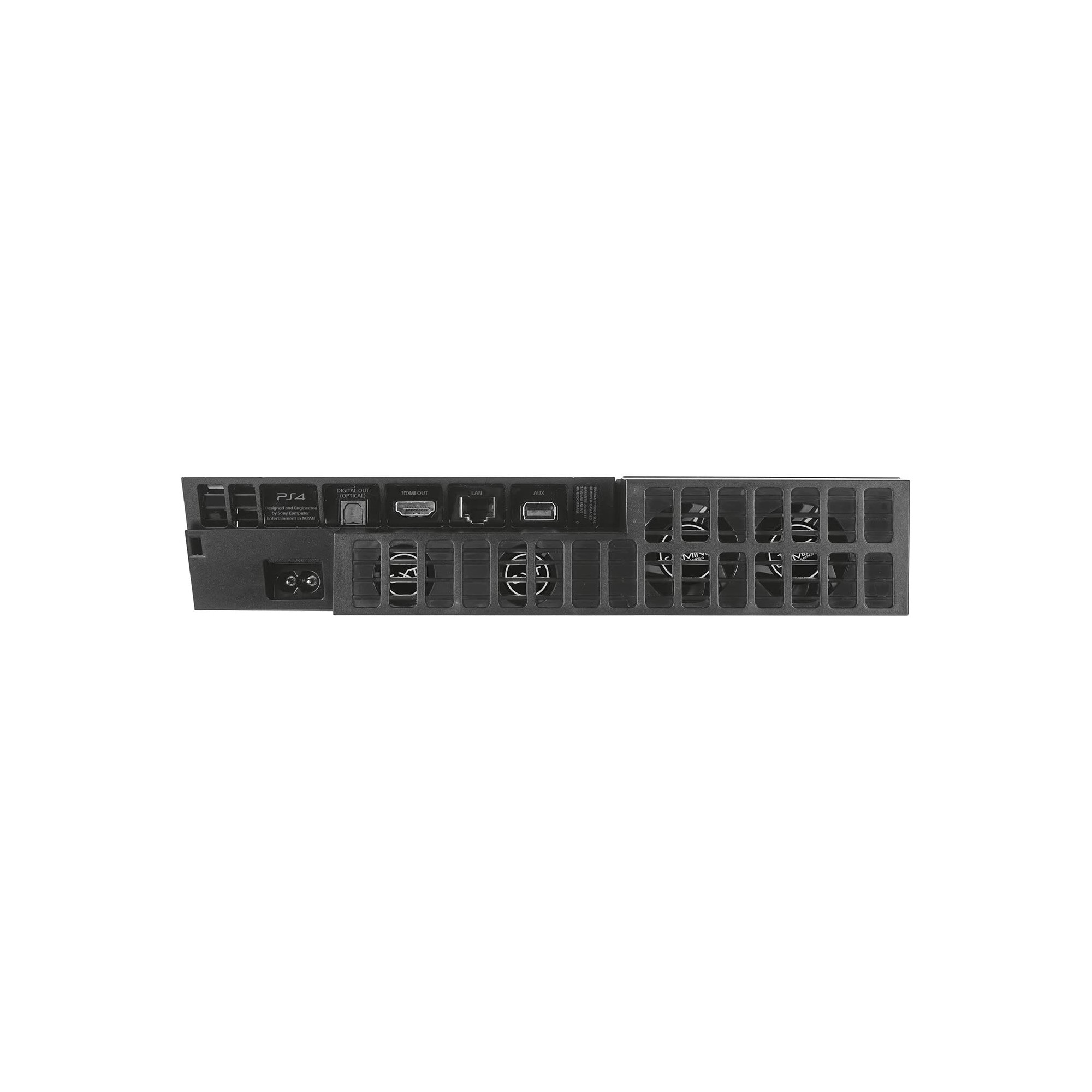 Güç, HDMI, LAN, AUX ve optik portları gösteren siyah bir PS4 konsolunun arka görünümü.