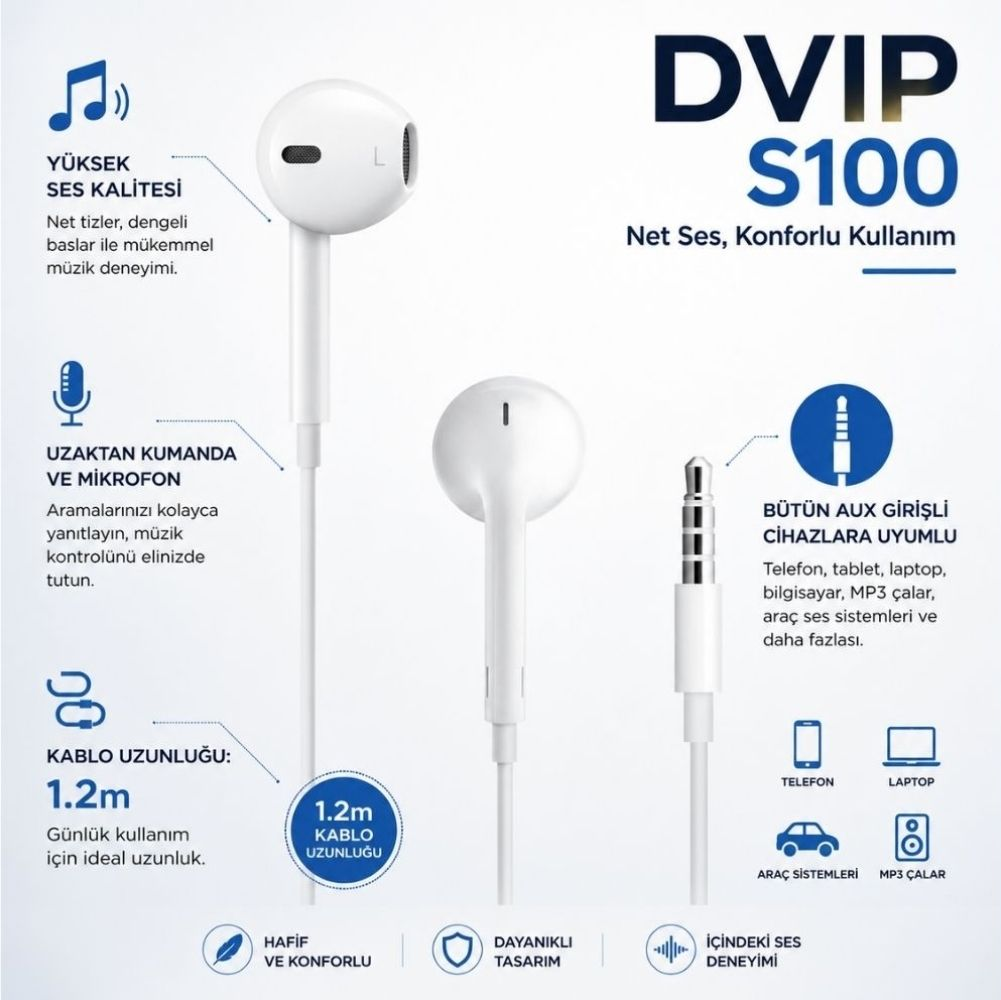 Jak girişli, beyaz kulaklıklı ve teknik detaylı DVIP S100 kulaklık ürün reklamı.