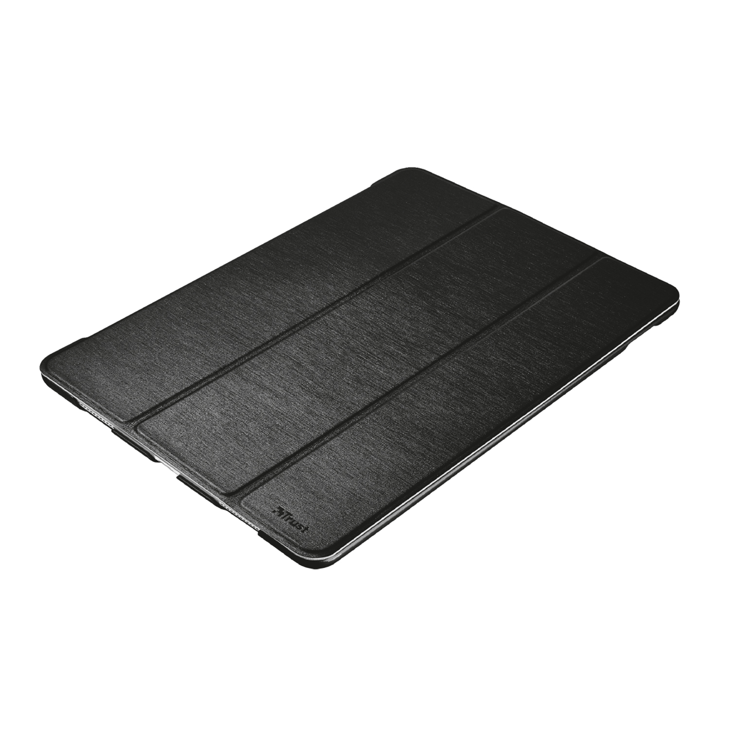 Dokulu yüzeye ve katlama çizgilerine sahip siyah tablet kılıfı beyaz arka planda.