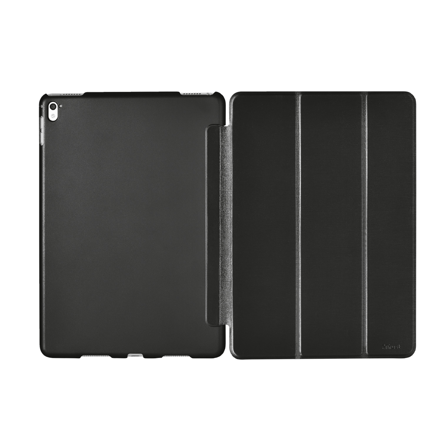 Beyaz arka planda açık koruyucu kılıf içindeki siyah tablet.