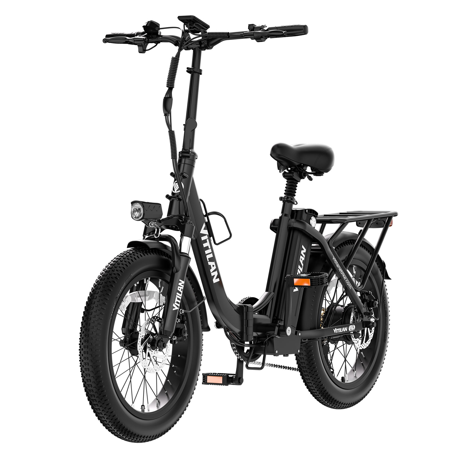 Una bicicleta eléctrica negra Vitilan con cuadro bajo, neumáticos anchos y parrilla trasera sobre fondo blanco.