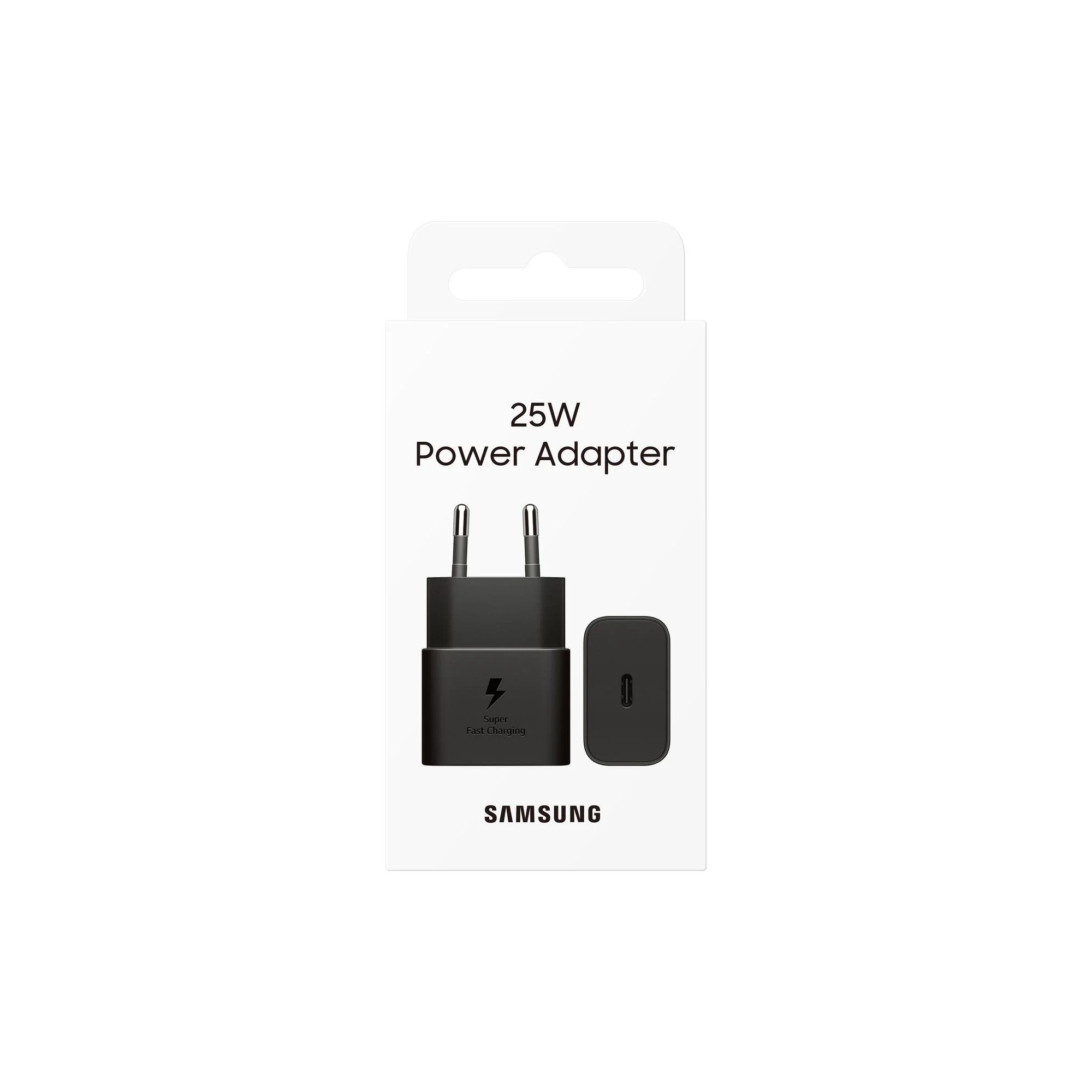 White packaging for a Samsung 25W Power Adapter displaying two angles of the black charger.