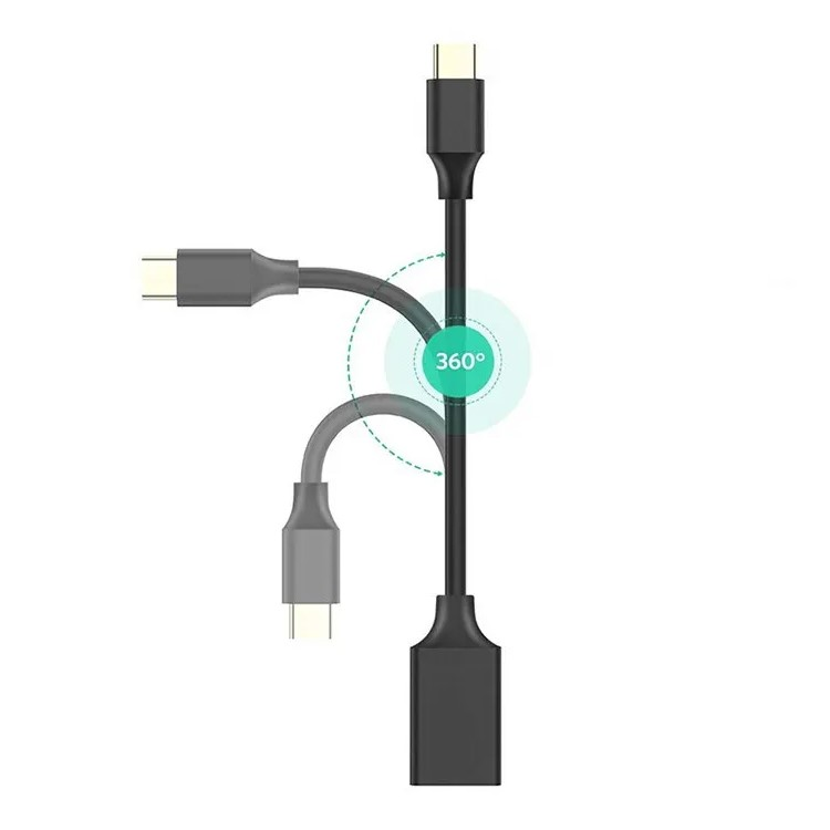 Ortasında 360 derece dönebilen mafsallı siyah bir USB-C kablosu.