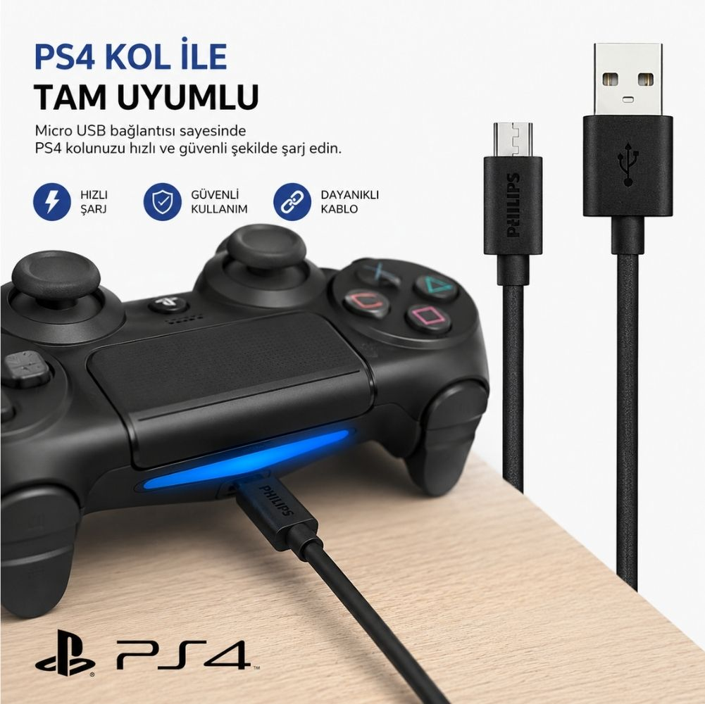 Ahşap yüzey üzerinde arka planda metinlerle Philips USB şarj kablosuna bağlı siyah bir PS4 kontrolcüsü.