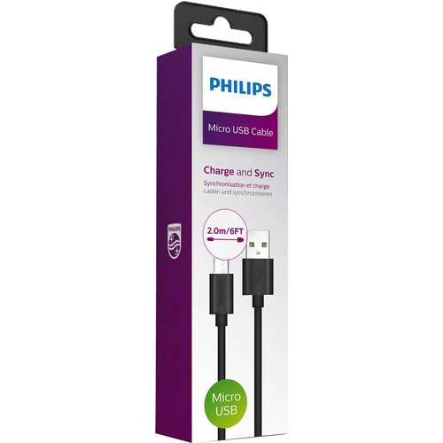 Philips mikro USB kablosu ambalajı, şarj ve senkronizasyon, 2,0 m uzunluğunda.