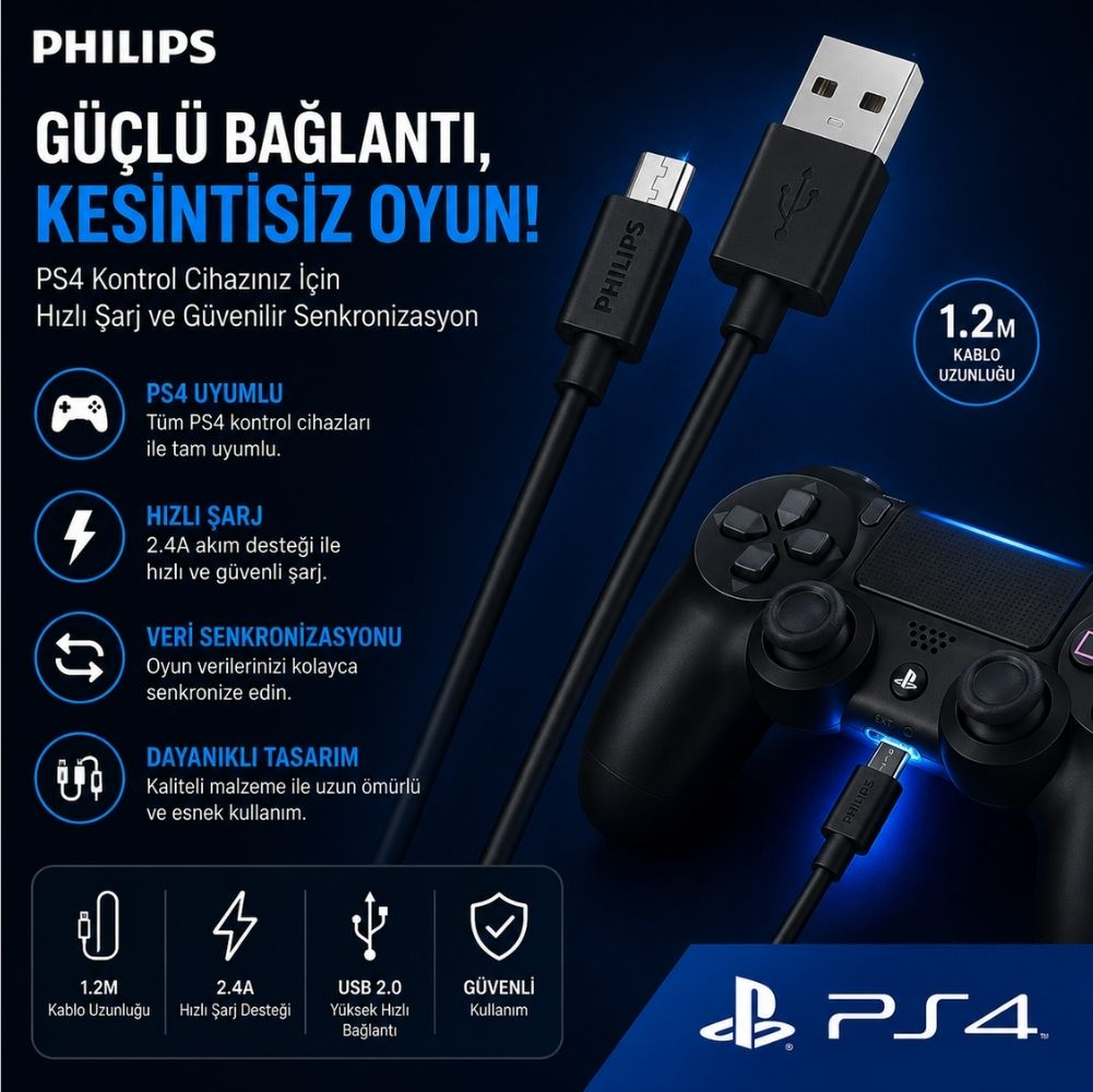Mavi ışıklı siyah bir PS4 oyun koluna bağlı bir Philips USB şarj kablosu.