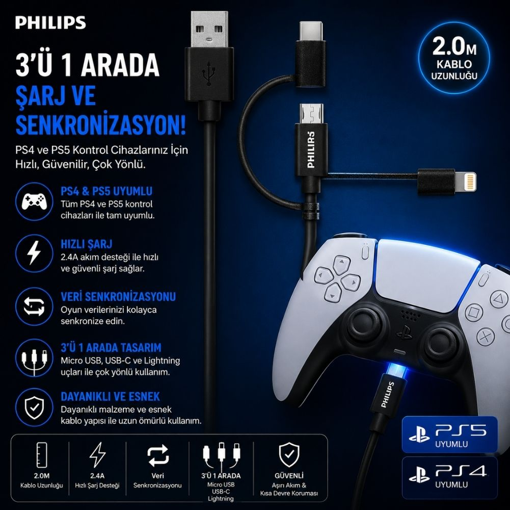 USB-C, Micro-USB ve Lightning uçlu Philips 3'ü 1 arada şarj kablosu, beyaz PS5 kontrol cihazına bağlı.
