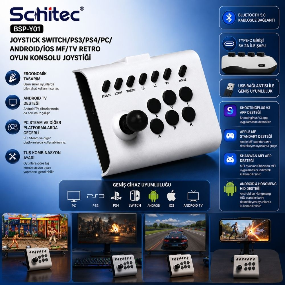 PC, konsol ve mobil cihazlarla uyumlu, joystick ve tuşlara sahip beyaz Schitec arcade kumandası.