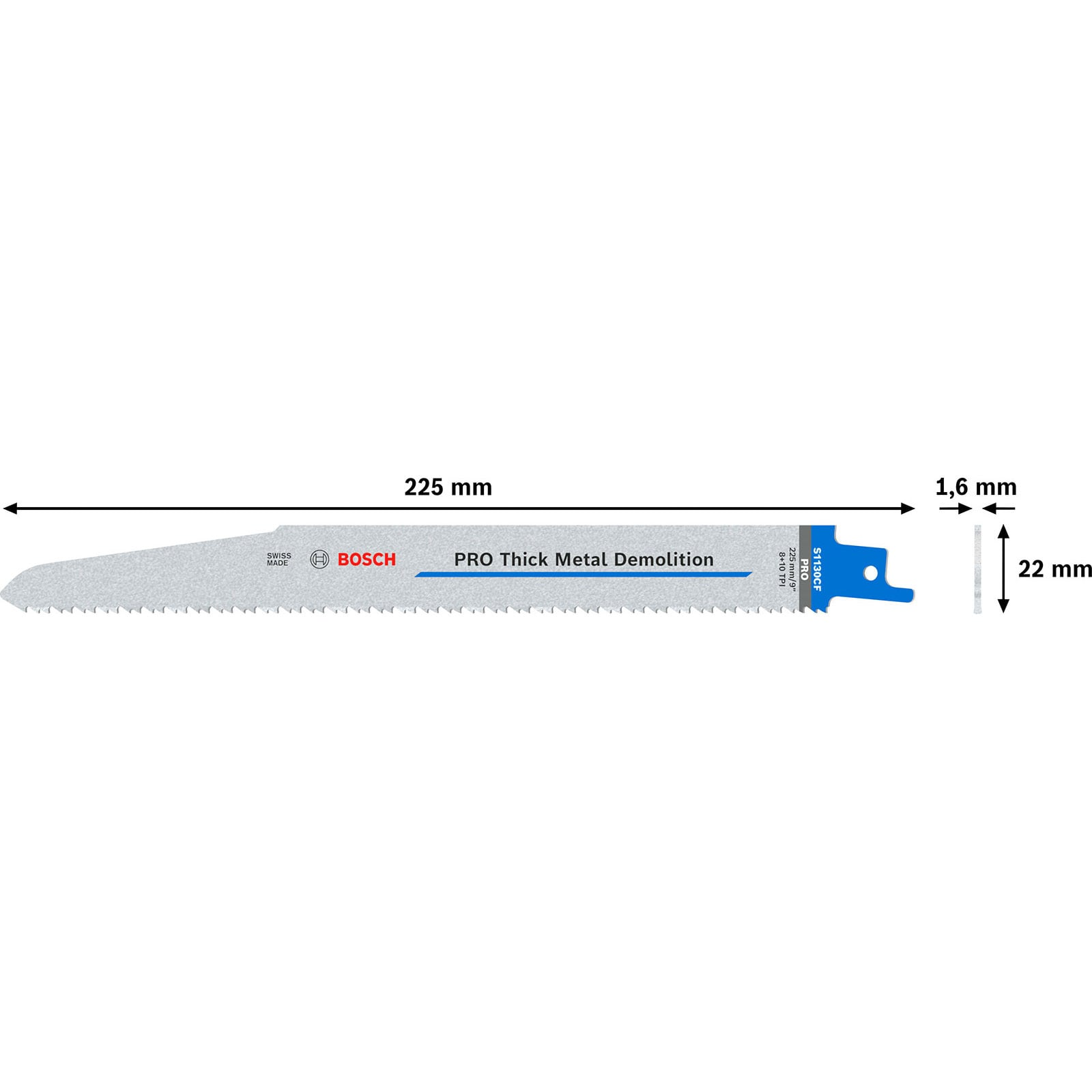 Bosch Metallsägeblatt mit Maßen: 225 mm lang, 22 mm hoch und 1,6 mm dick auf weißem Hintergrund.