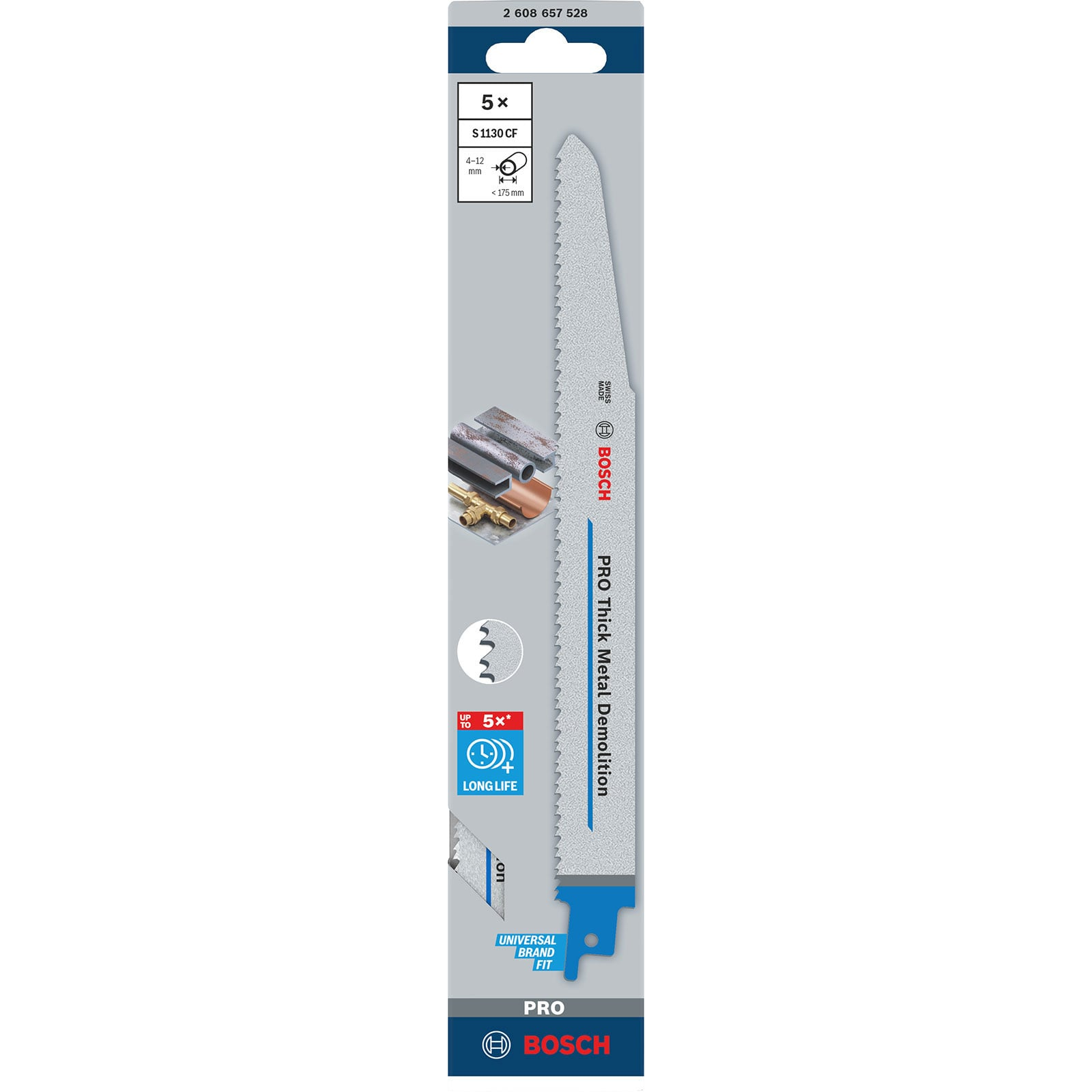 Packung mit fünf Bosch Recafix-Sägeblättern für dickes Metall mit blauem Aufdruck und Markenlogo.