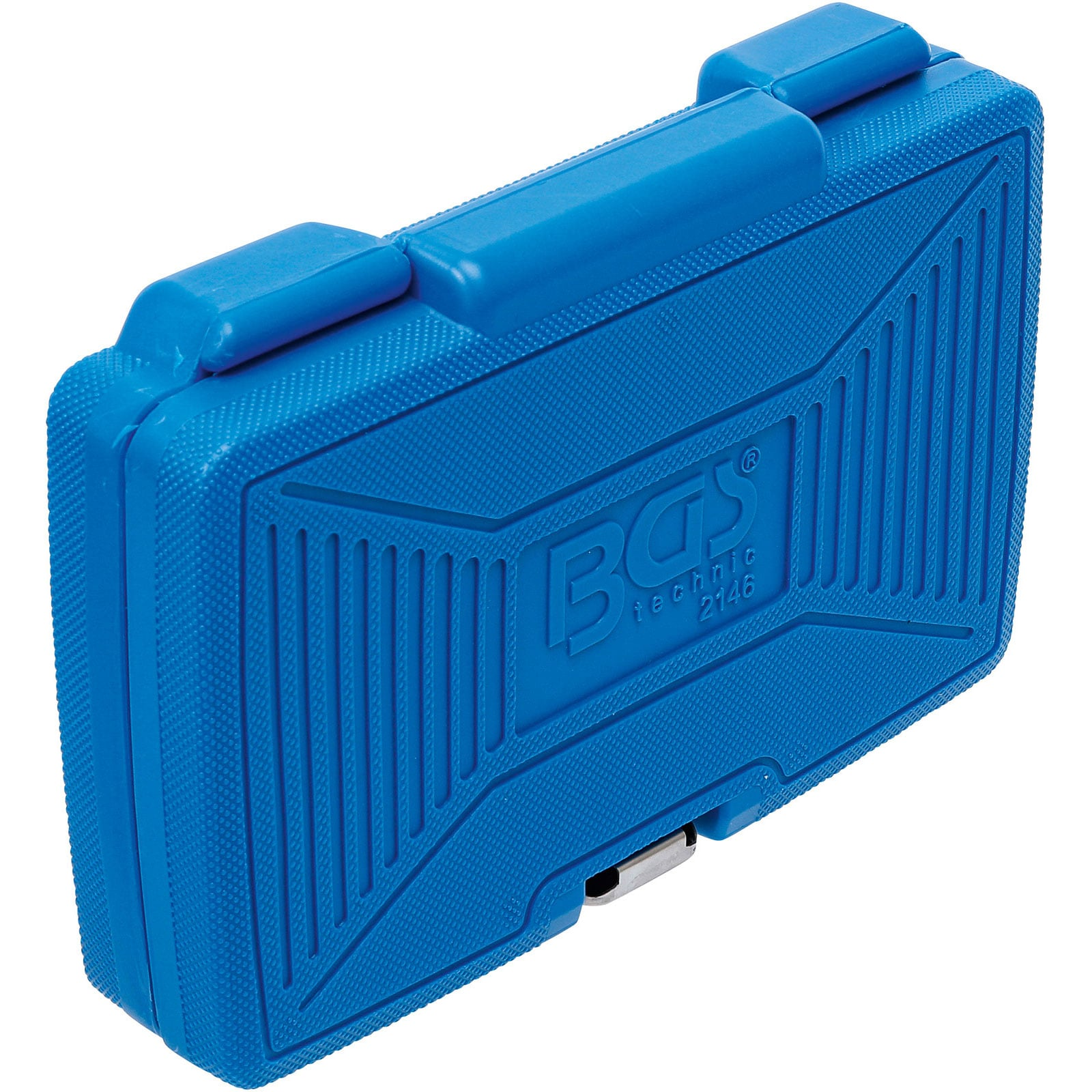 Geschlossener blauer Kunststoff-Werkzeugkasten mit der Aufschrift BGS technic 2146 auf der Vorderseite.