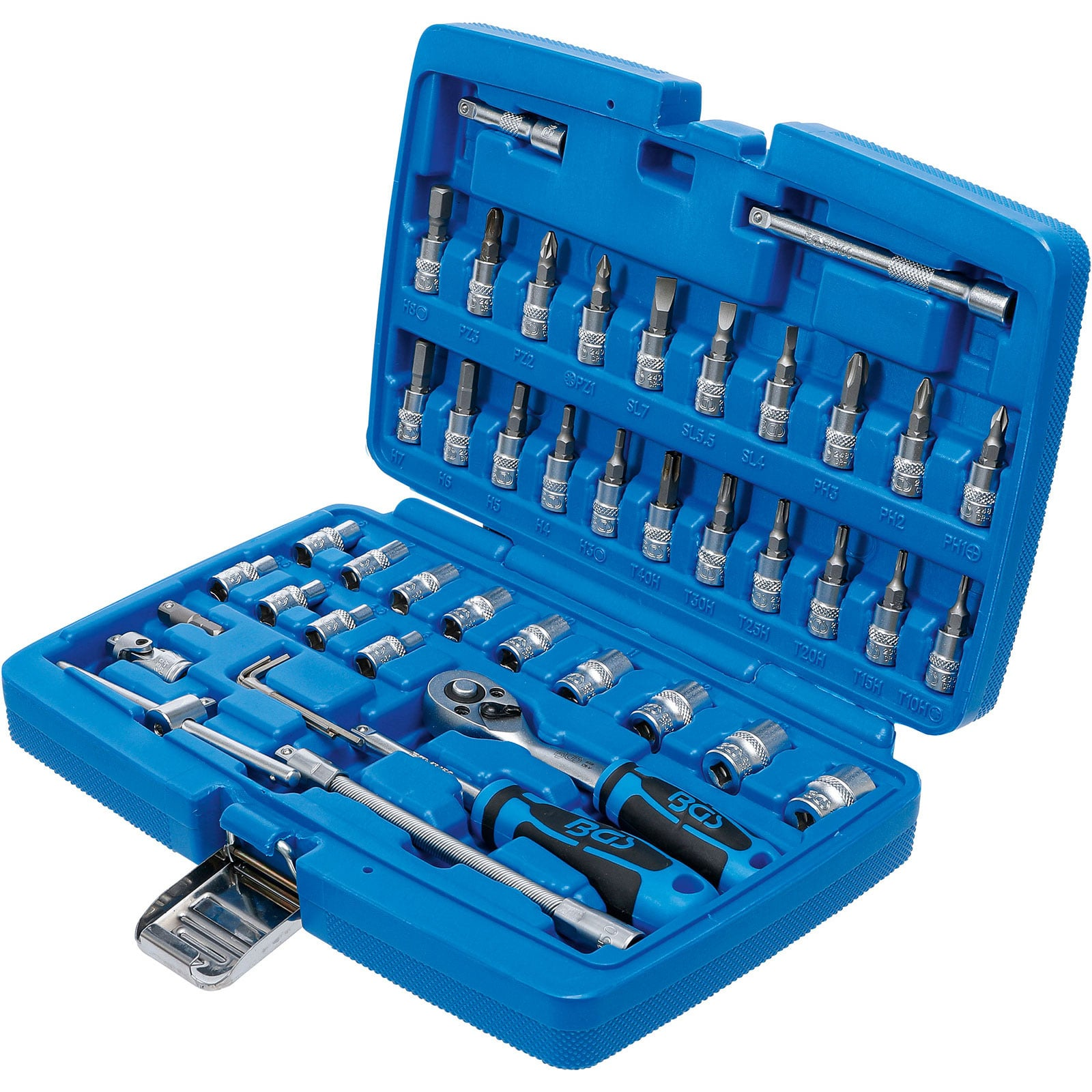 Ein offener blauer Werkzeugkasten voller verschiedener Steckschlüssel und Bits aus Metall.