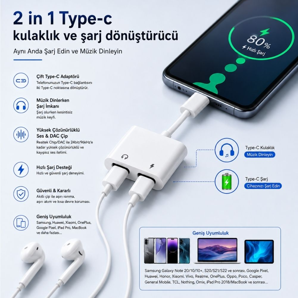2'si 1 arada Type-C adaptörü, kulaklık ve şarj cihazını telefona bağlar.