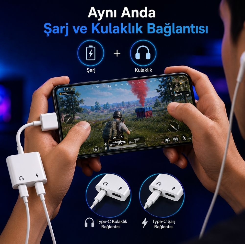 Aynı anda şarj ve kulaklık bağlantısı sağlayan adaptörlü bir akıllı telefon.