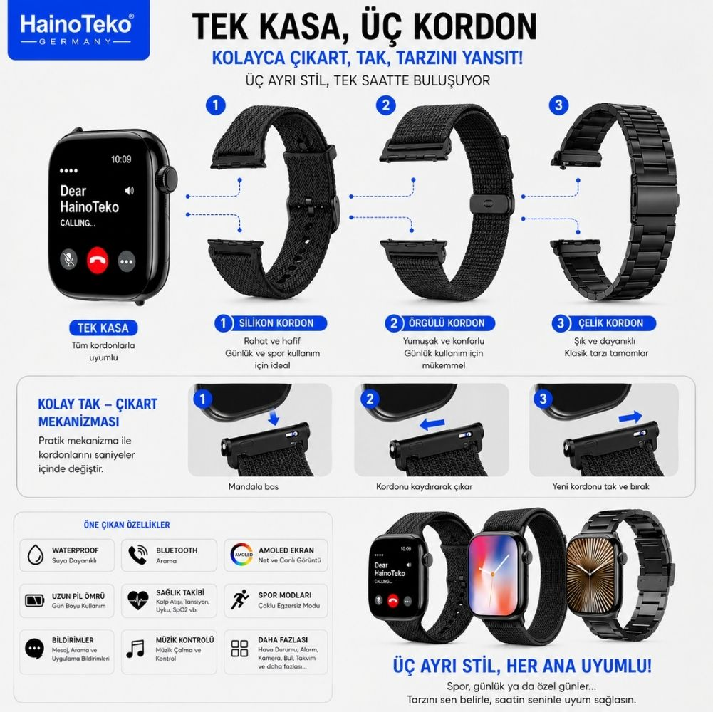 Silikon, kumaş ve metal olmak üzere üç değiştirilebilir kordona ve özelliklere sahip akıllı saat.