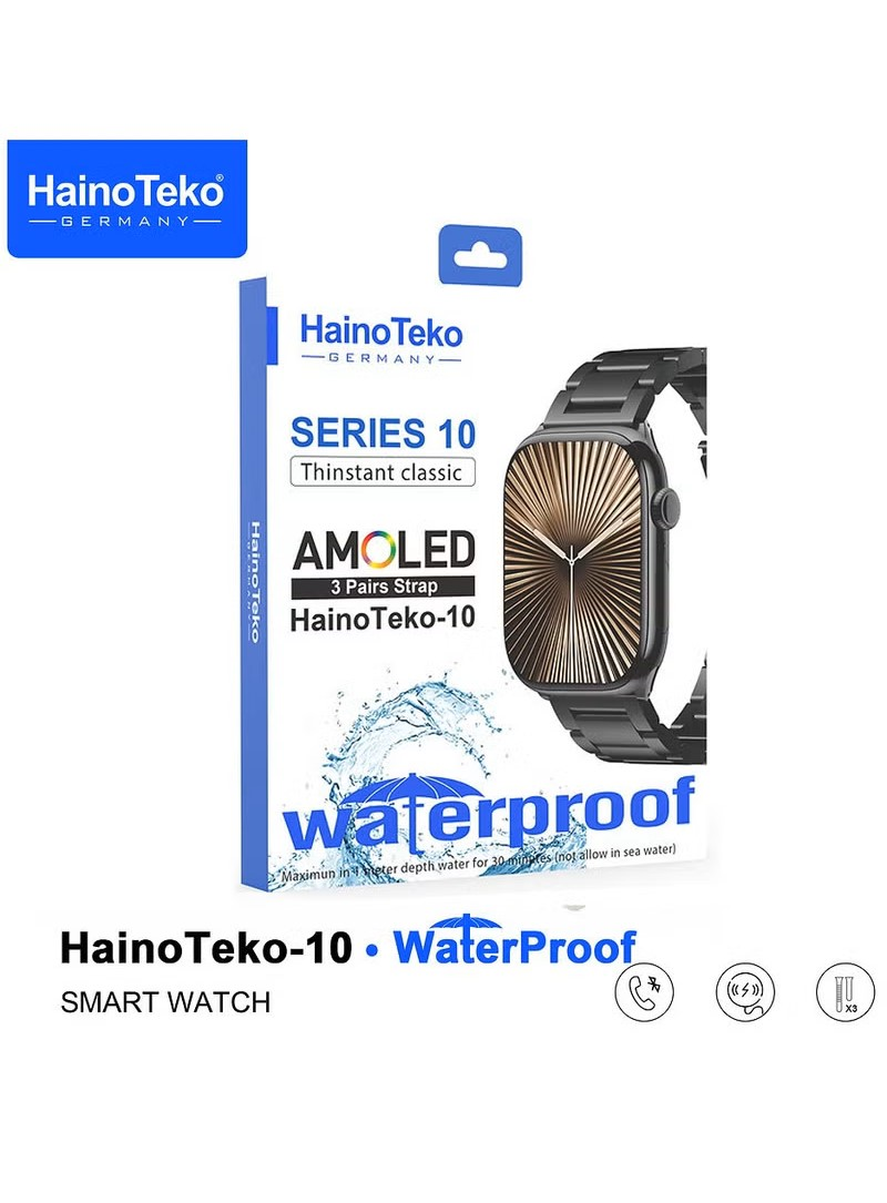 Siyah metal kordonlu saat ve su sıçraması grafiğiyle HainoTeko Series 10 akıllı saat kutusu.
