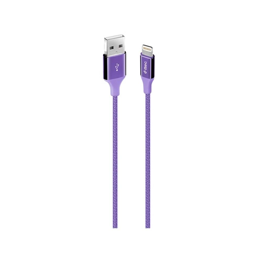 Beyaz arka planda USB-A ve Lightning konnektörlü mor örgü şarj kablosu.