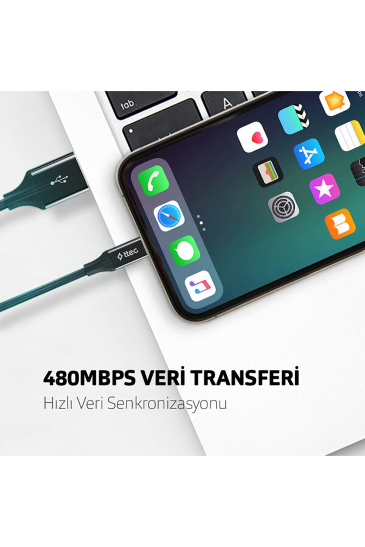 Bir ttec kablosuyla dizüstü bilgisayara bağlı akıllı telefon ve 480 Mbps veri transferi yazısı.