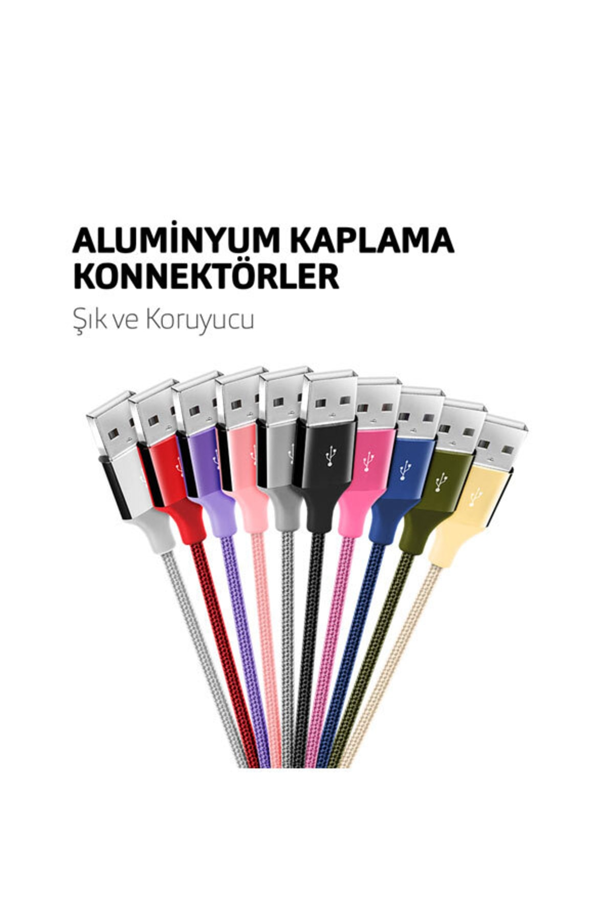 Alüminyum başlıklı çeşitli renklerde örgülü USB kabloları.