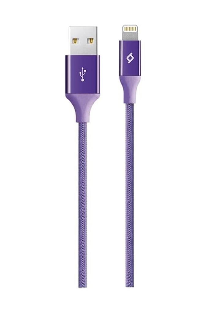 Metal konnektörlü, mor örgülü USB-A - Lightning kablosu.