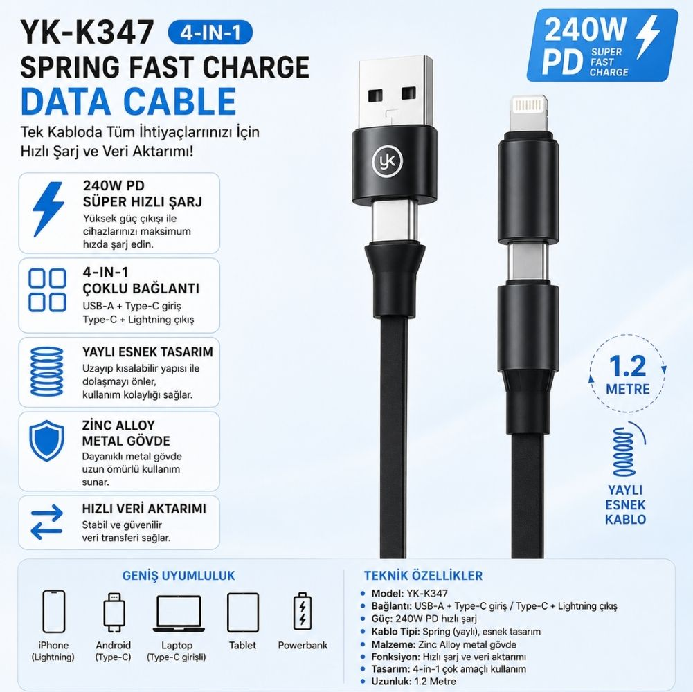 YK-K347 4'ü 1 arada yaylı hızlı şarj veri kablosu, USB-A, Type-C ve Lightning konnektörlü.