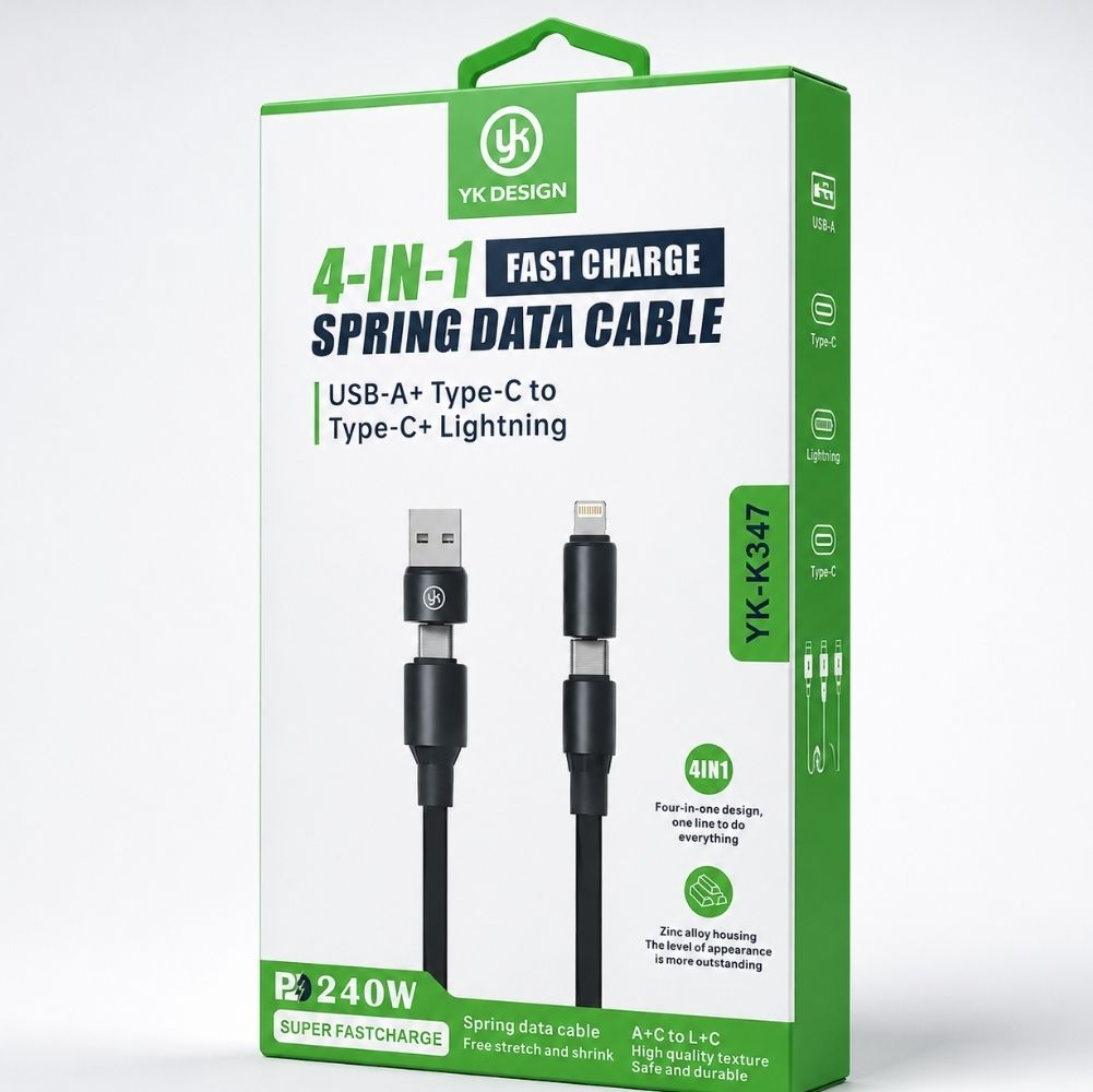 USB ve Lightning konnektörlü 4'ü 1 arada hızlı şarj veri kablosu için yeşil ürün ambalajı.