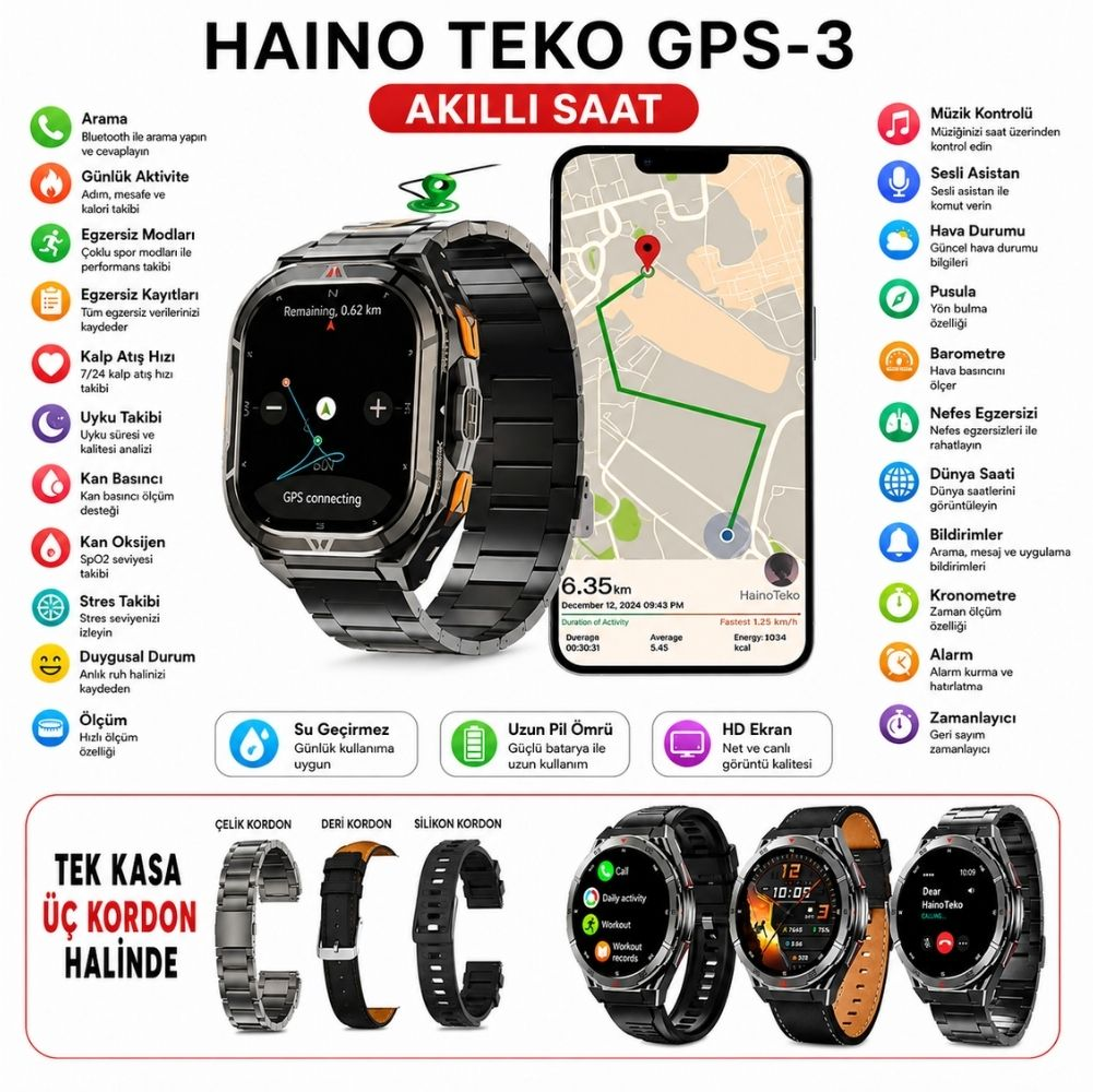 Özellikleri, kordon seçenekleri ve akıllı telefon uygulamasıyla Haino Teko GPS-3 akıllı saat reklamı.