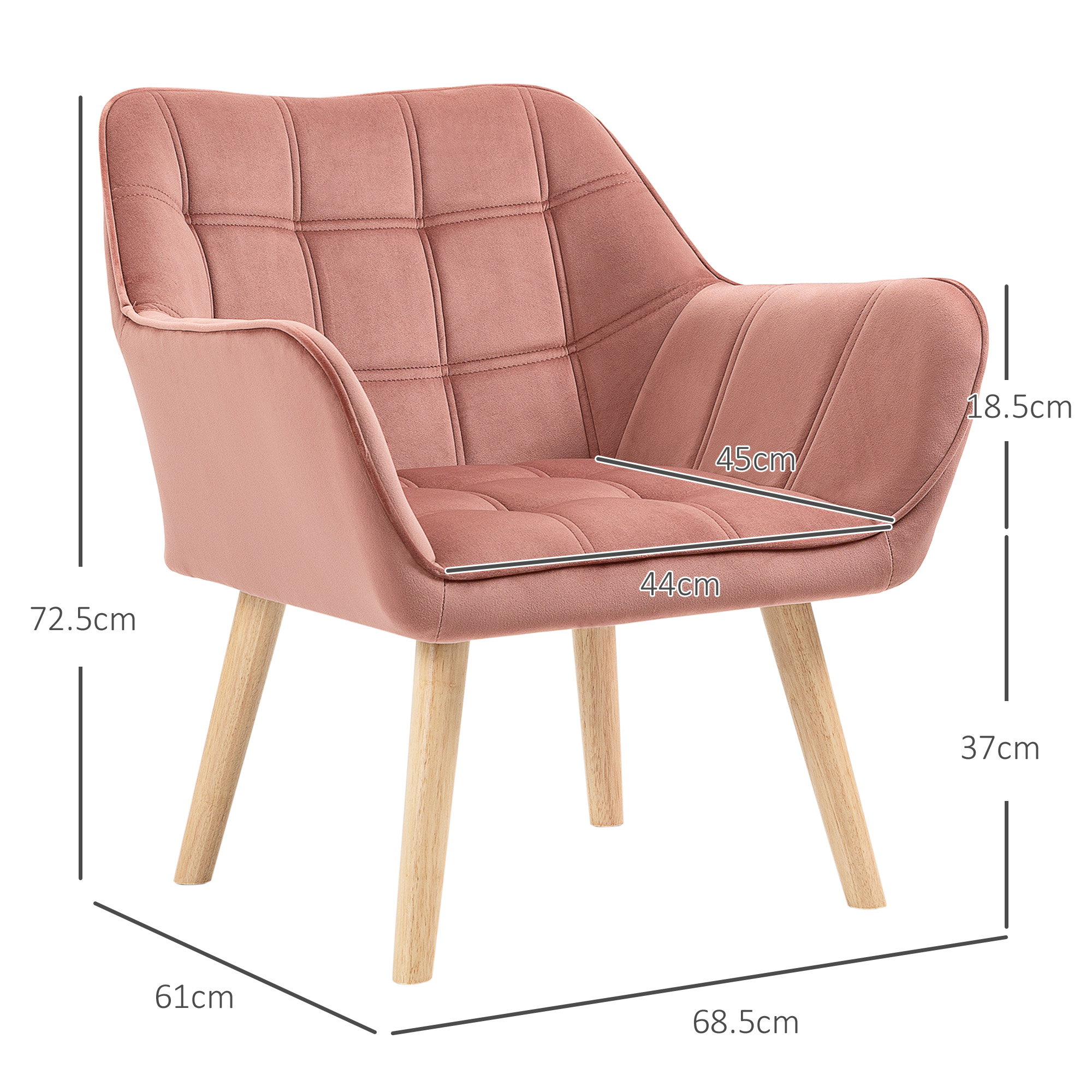 Poltrona rosa in velluto con cuscino trapuntato e gambe in legno, con misure.