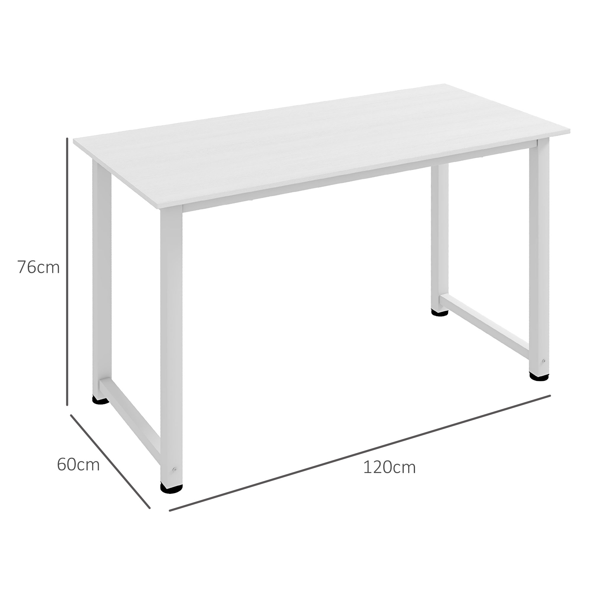 Scrivania bianca con gambe in metallo, dimensioni 120x60x76 cm, su sfondo bianco.