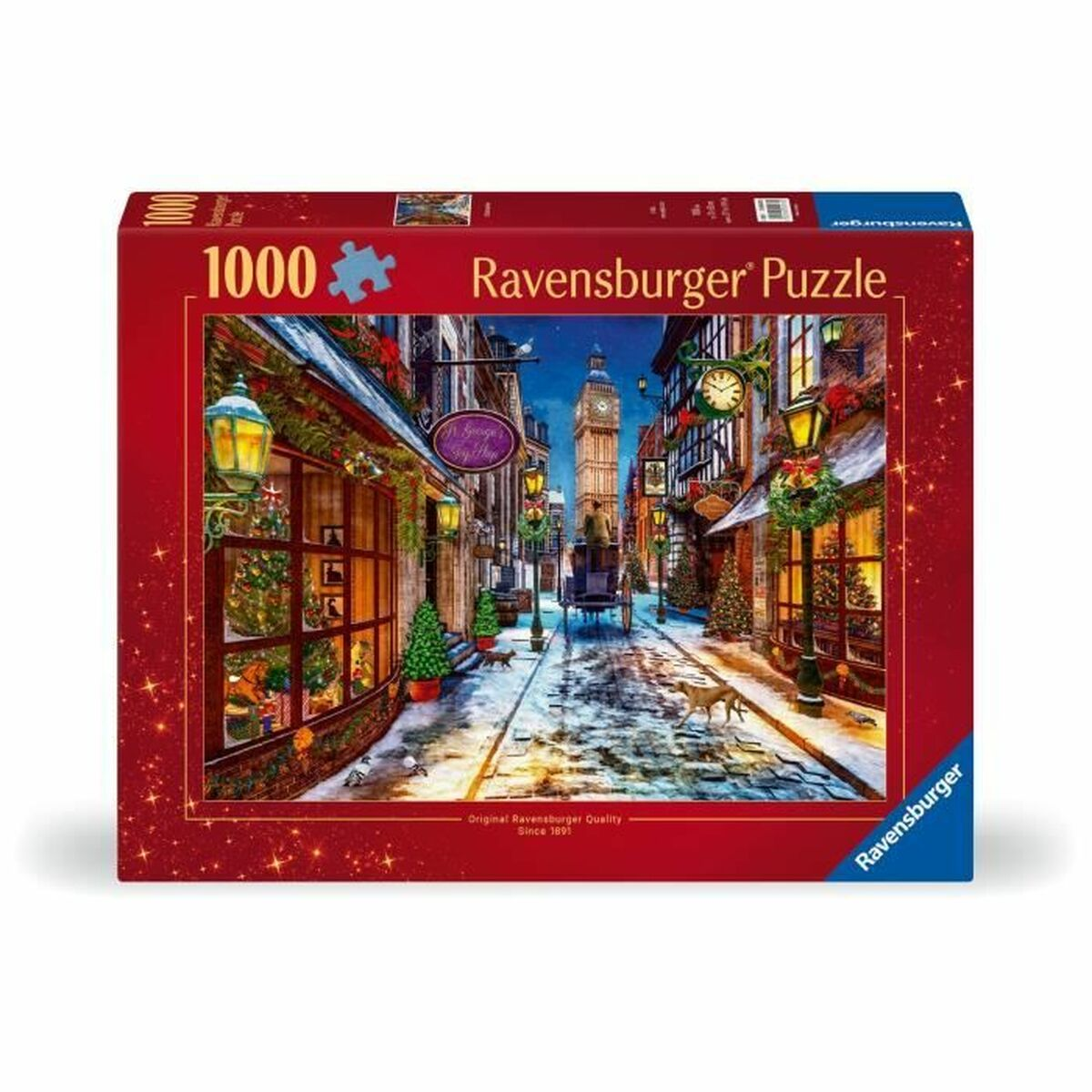 Puzle navideño Ravensburger de 1000 piezas con una calle nevada de Londres y el Big Ben.