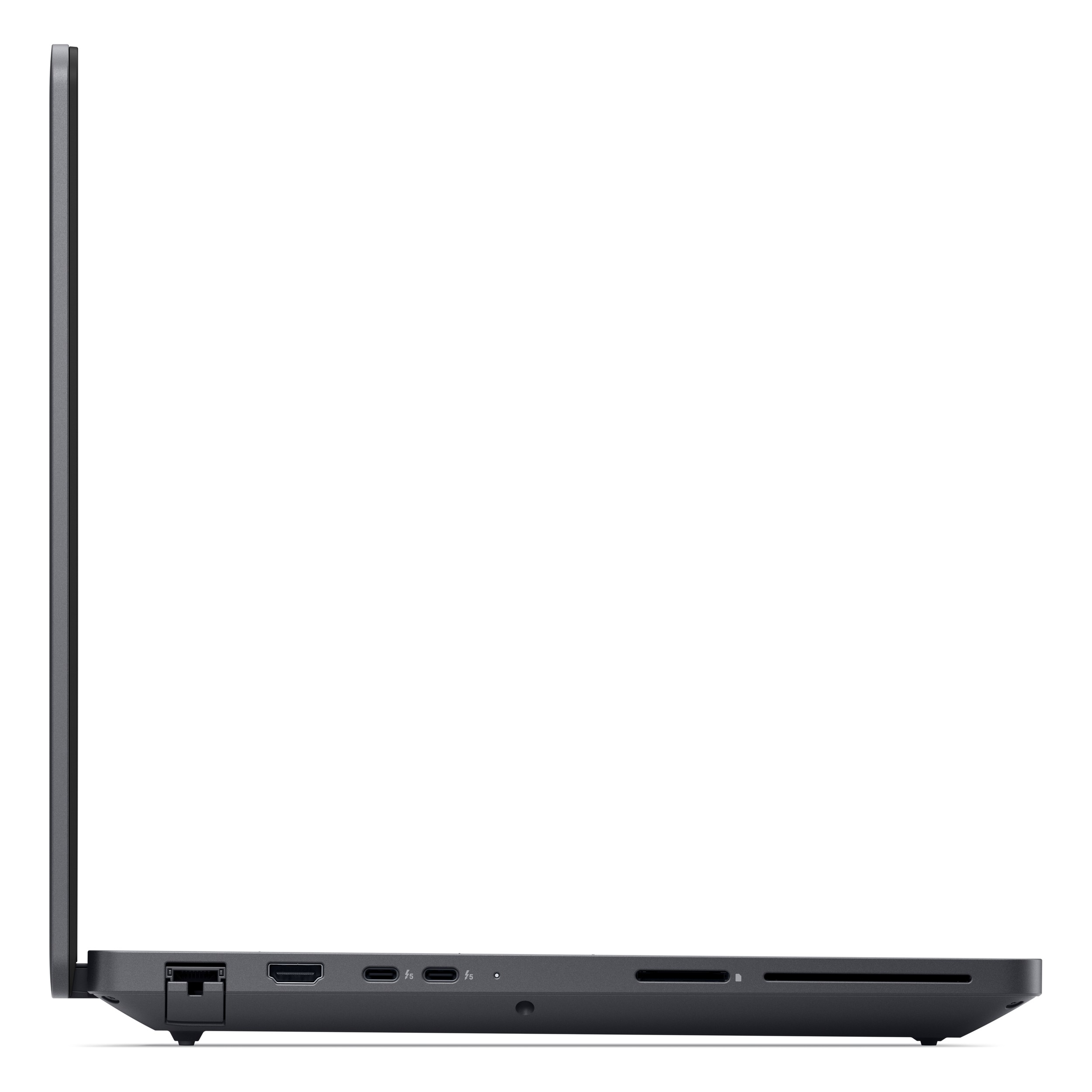 Ethernet, HDMI, USB-C ve SD kart okuyucu gibi bağlantı noktalarını gösteren kapalı gri dizüstü bilgisayarın sol yan profili.