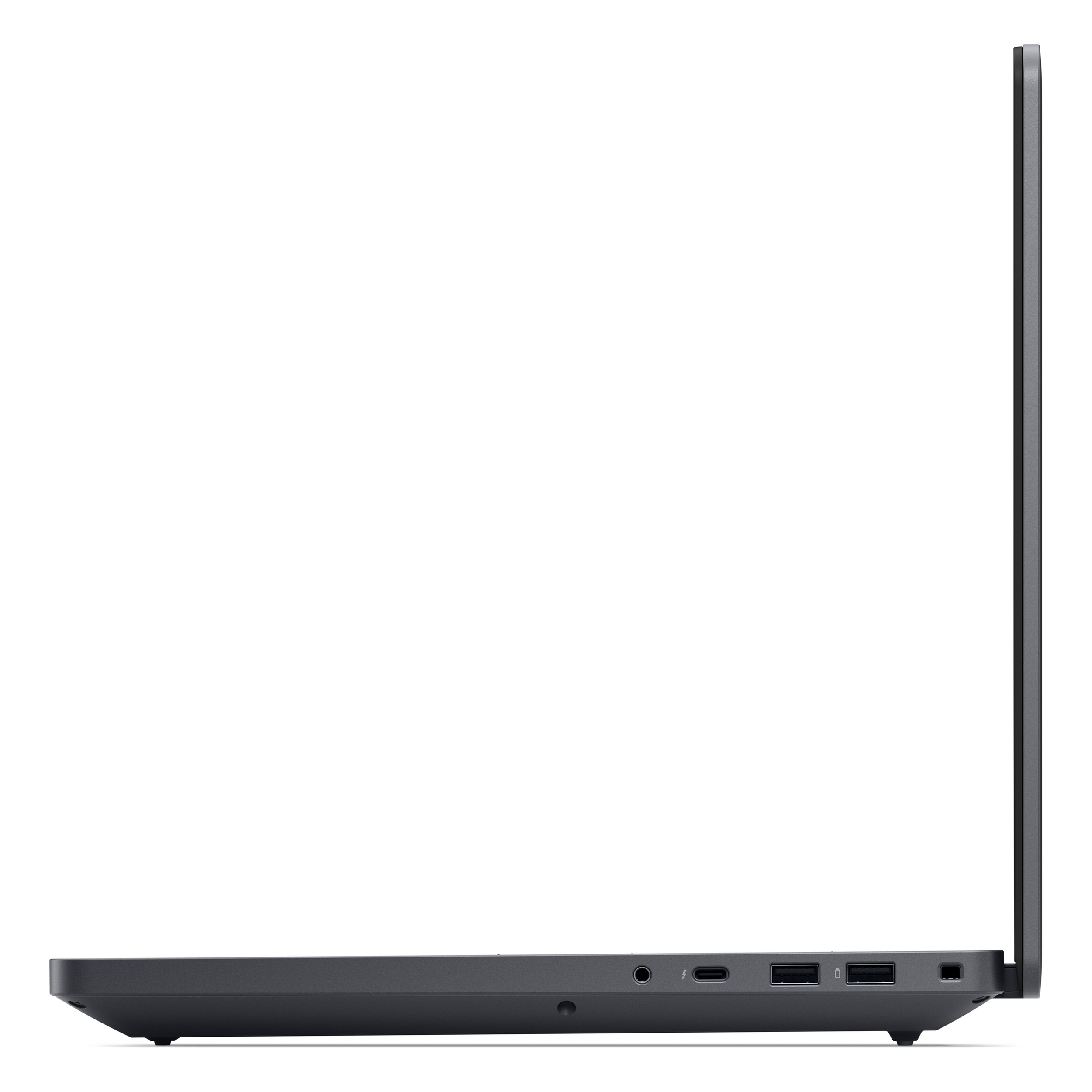 Beyaz arka planda USB-C ve USB-A gibi bağlantı noktalarını gösteren koyu gri dizüstü bilgisayarın yan görünümü.