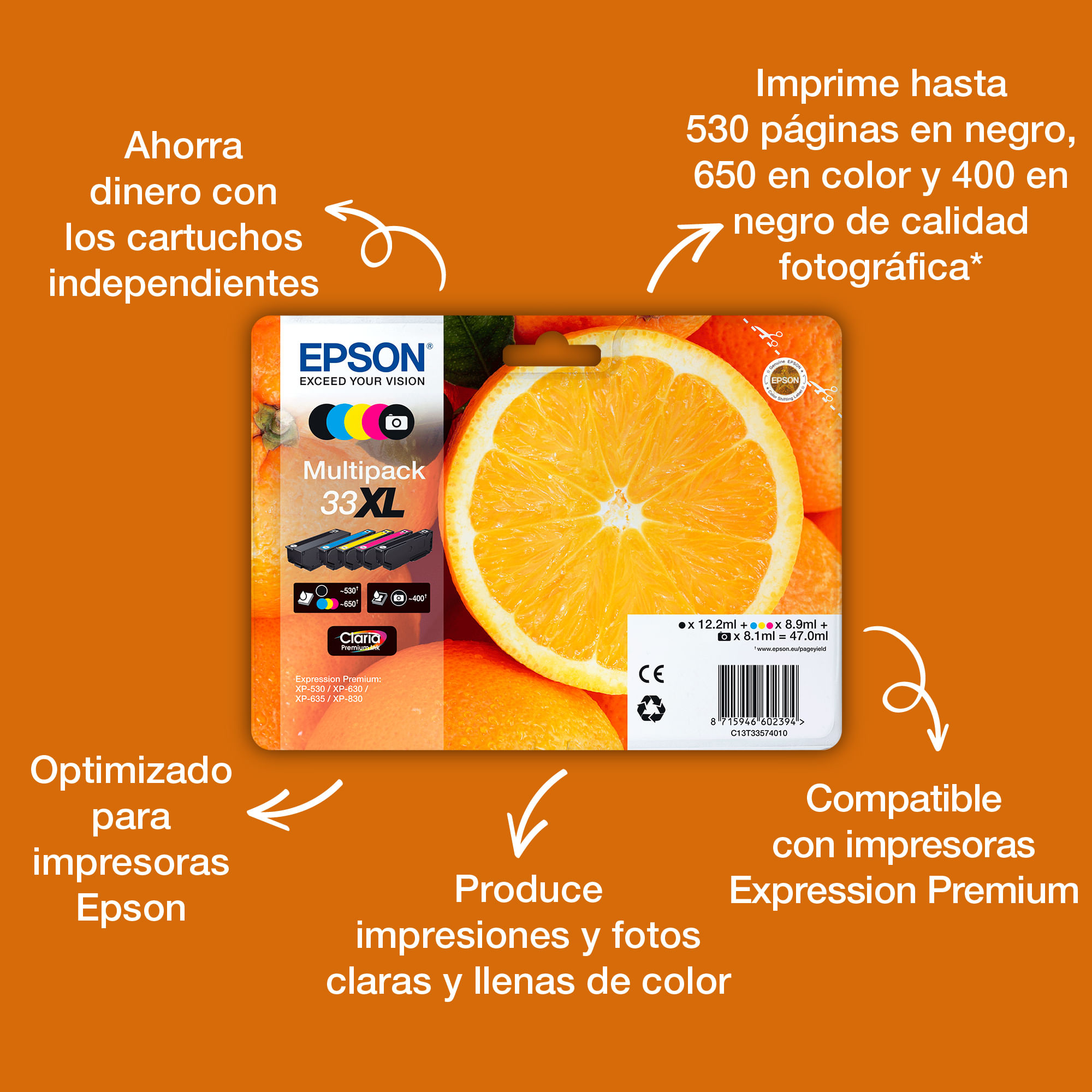 Multipack de tinta Epson 33XL con gráfico de naranja y texto en español sobre fondo naranja.