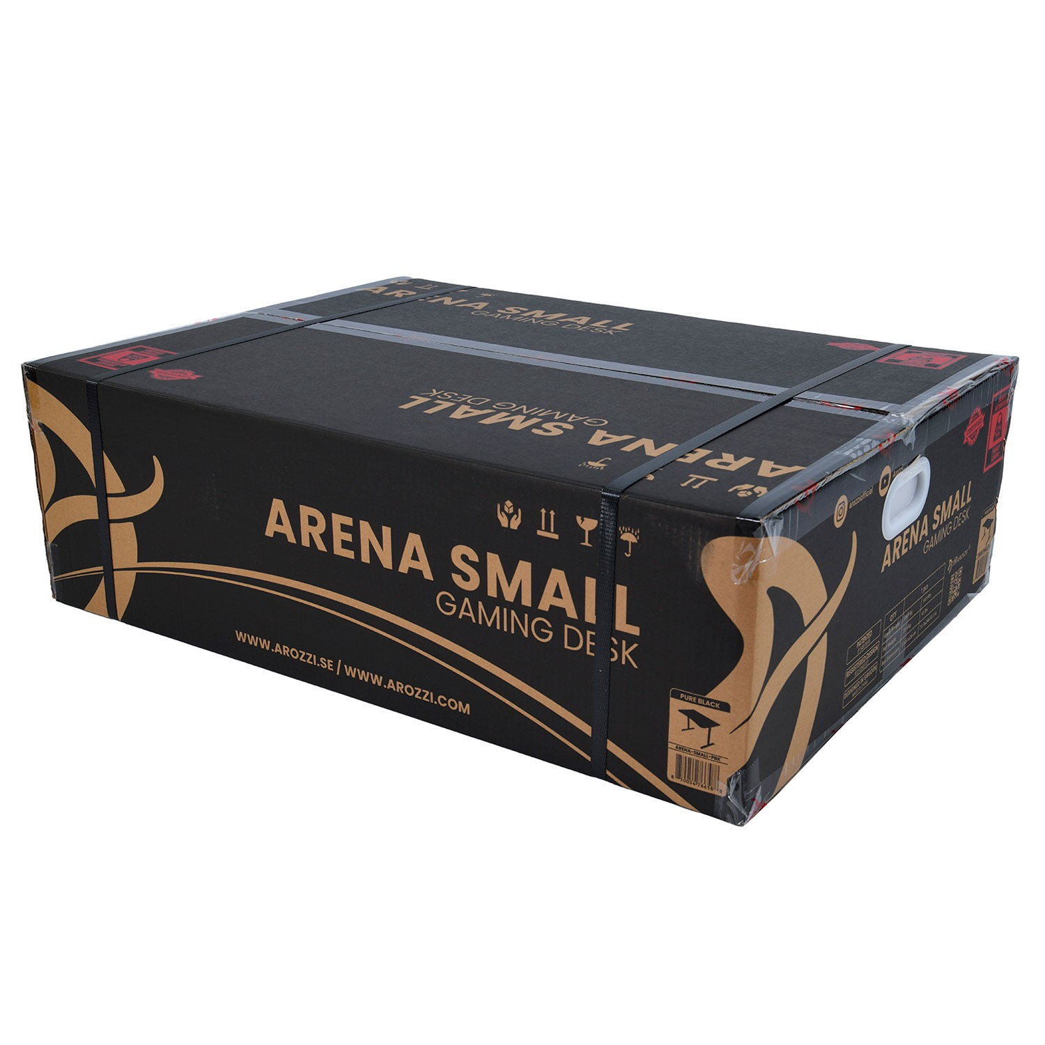 Una caja de cartón negra grande para escritorio de juegos Arozzi Arena Small, asegurada con correas sobre fondo blanco.