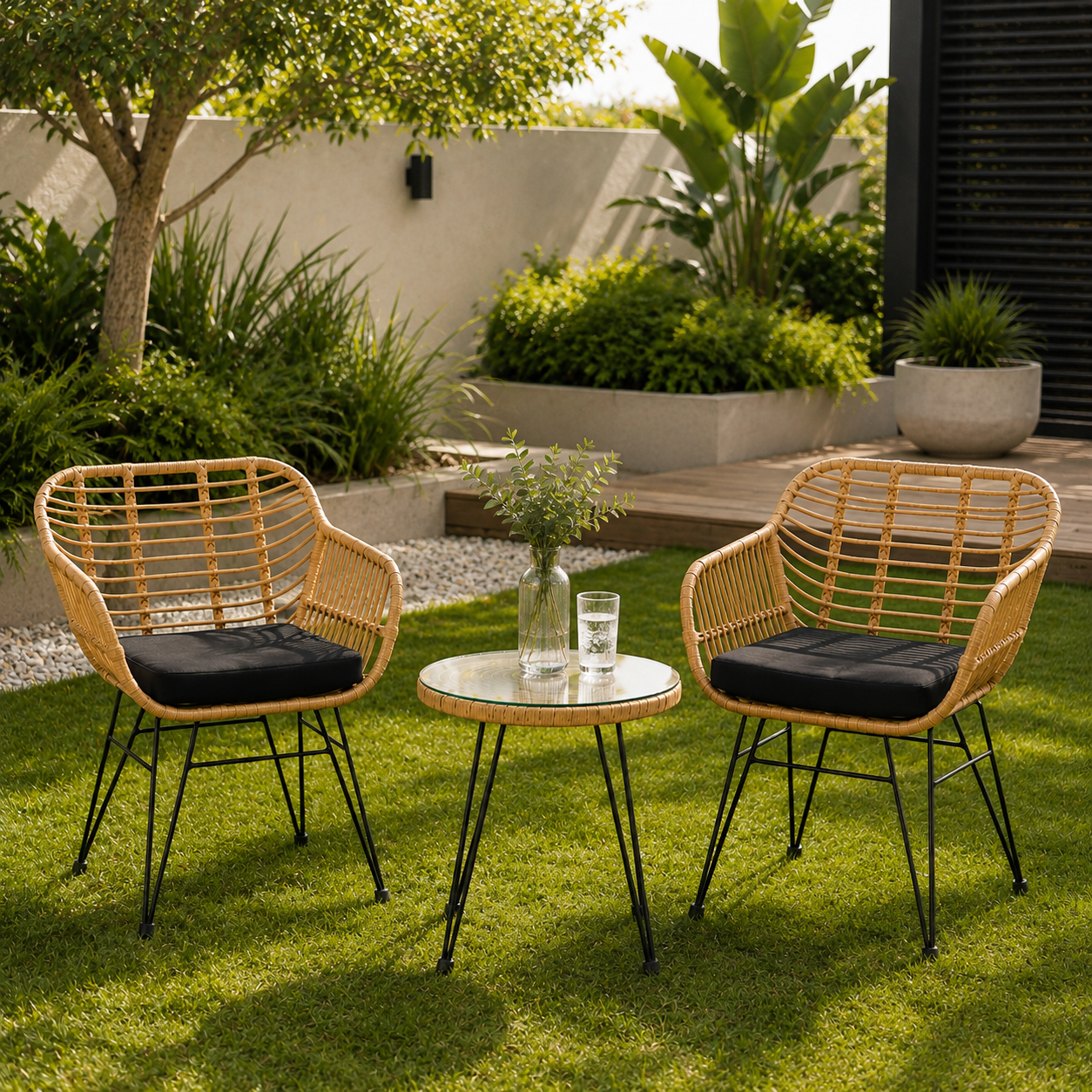 Dos sillones de ratán con cojines negros y una mesa de cristal se encuentran en un césped soleado en un jardín.