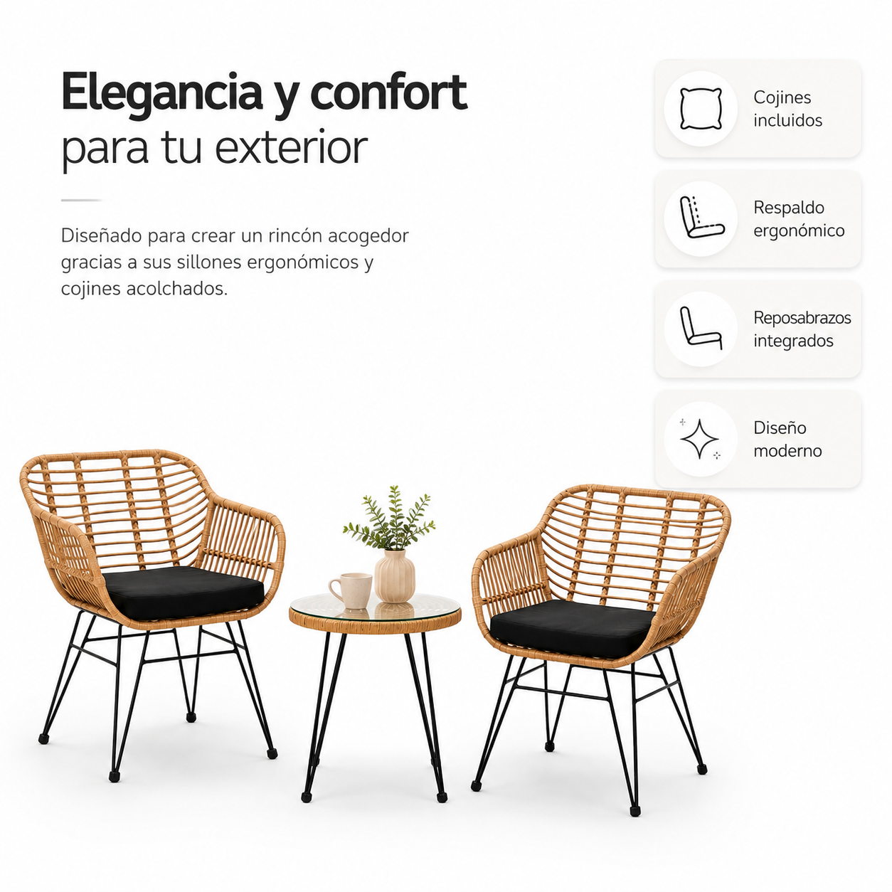 Dos sillones de ratán con cojines y una mesa de cristal sobre fondo blanco, acompañados de texto y características.