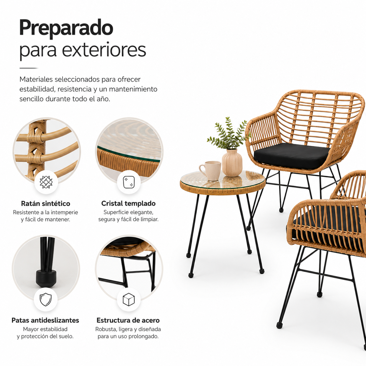 Conjunto de muebles de exterior con dos sillones de mimbre, una mesa de cristal y cuatro detalles de materiales.