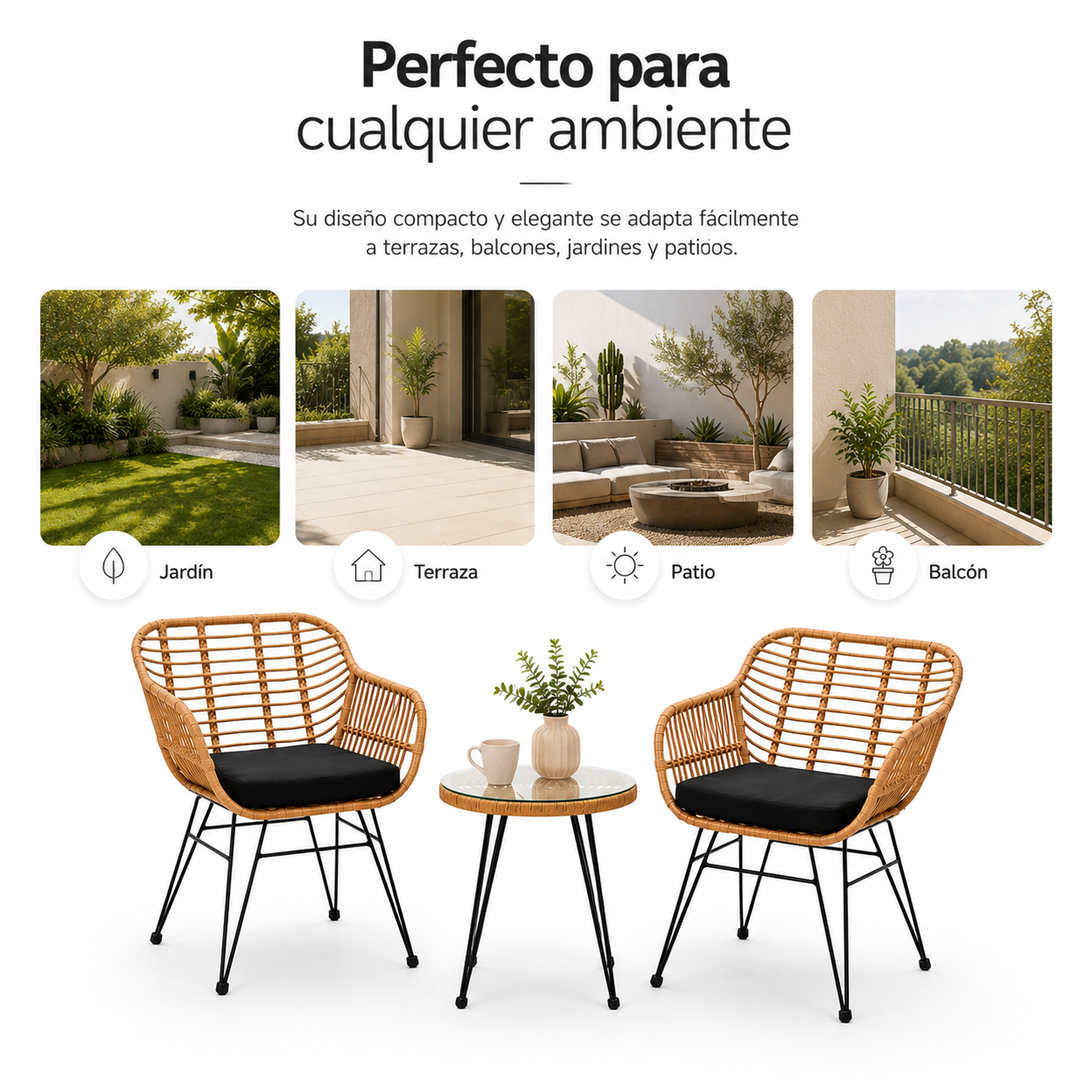 Conjunto de dos sillones de ratán con cojines y una mesa redonda, ideal para exteriores.