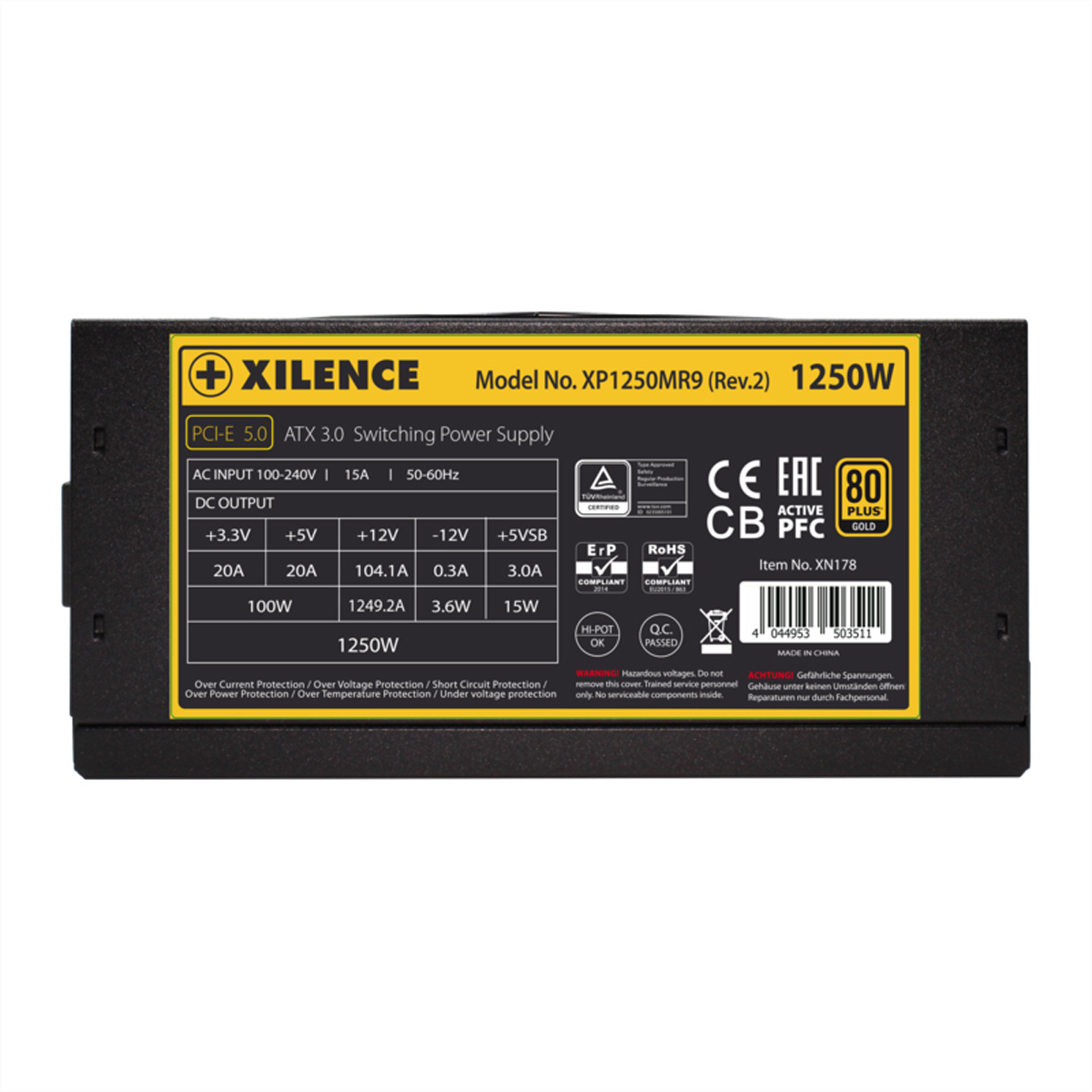 Schwarzes Xilence 1250W ATX 3.0 Netzteil mit gelbem Label und technischen Daten.