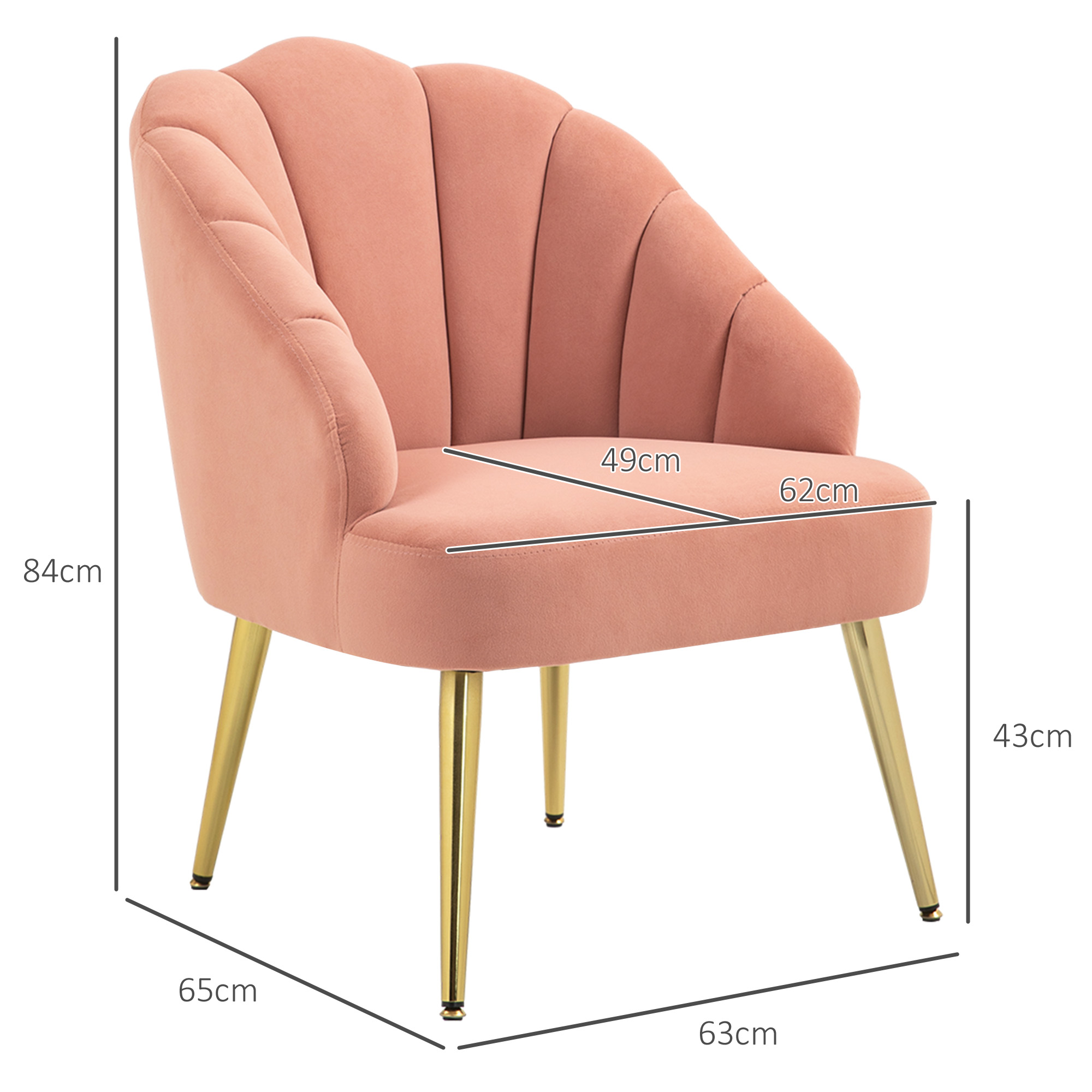 Poltrona rosa in velluto con gambe dorate e dimensioni di 84 cm di altezza.