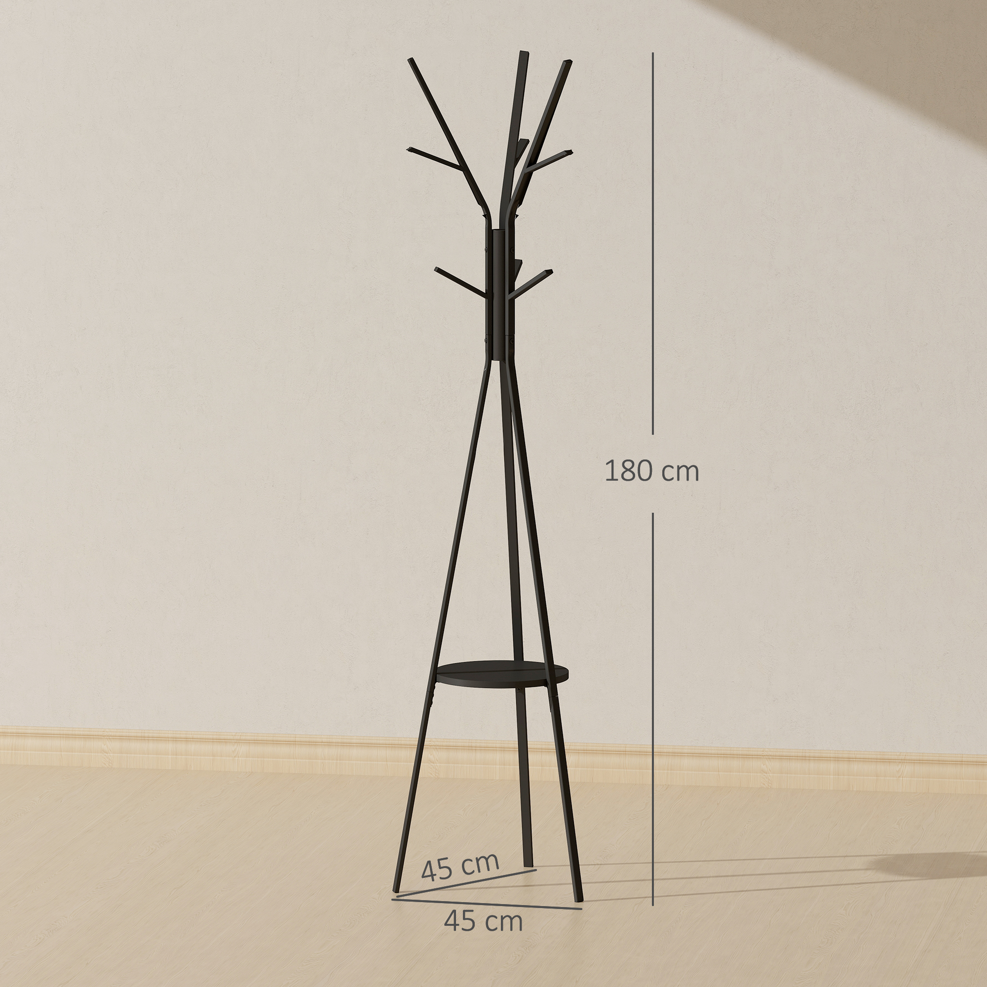 Perchero de metal negro, 180 cm de alto, con medidas dimensionales mostradas contra una pared clara.