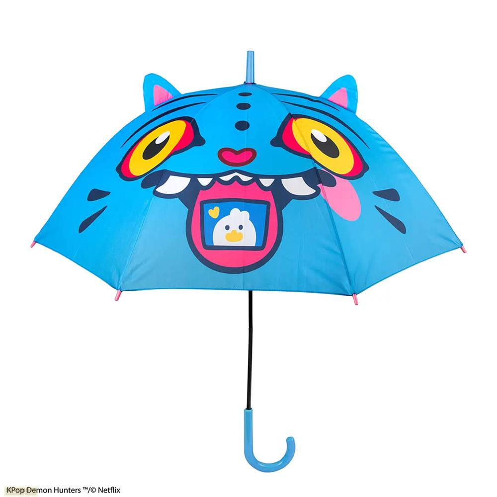 Ein blauer Regenschirm im Stil einer Cartoon-Katze mit großen gelben Augen, rosa Zunge und Katzenohren.