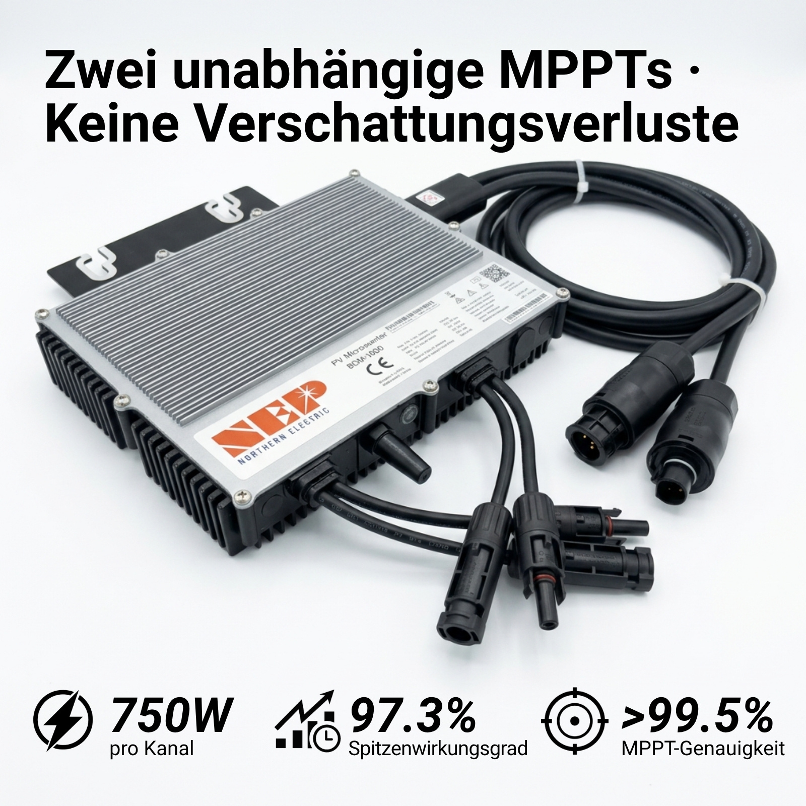Silberner NEP Mikroinverter mit angeschlossenen Kabeln und Steckern vor weißem Hintergrund.