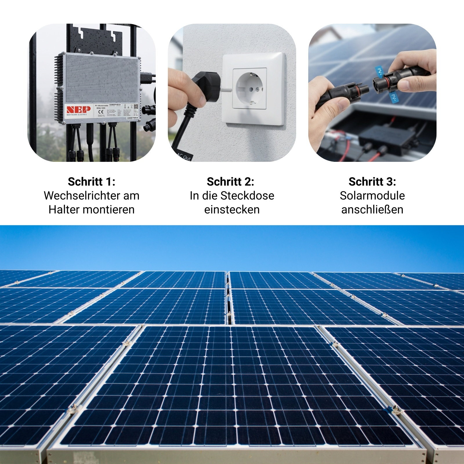Drei Schritte zur Installation eines Wechselrichters mit Solarmodulen.