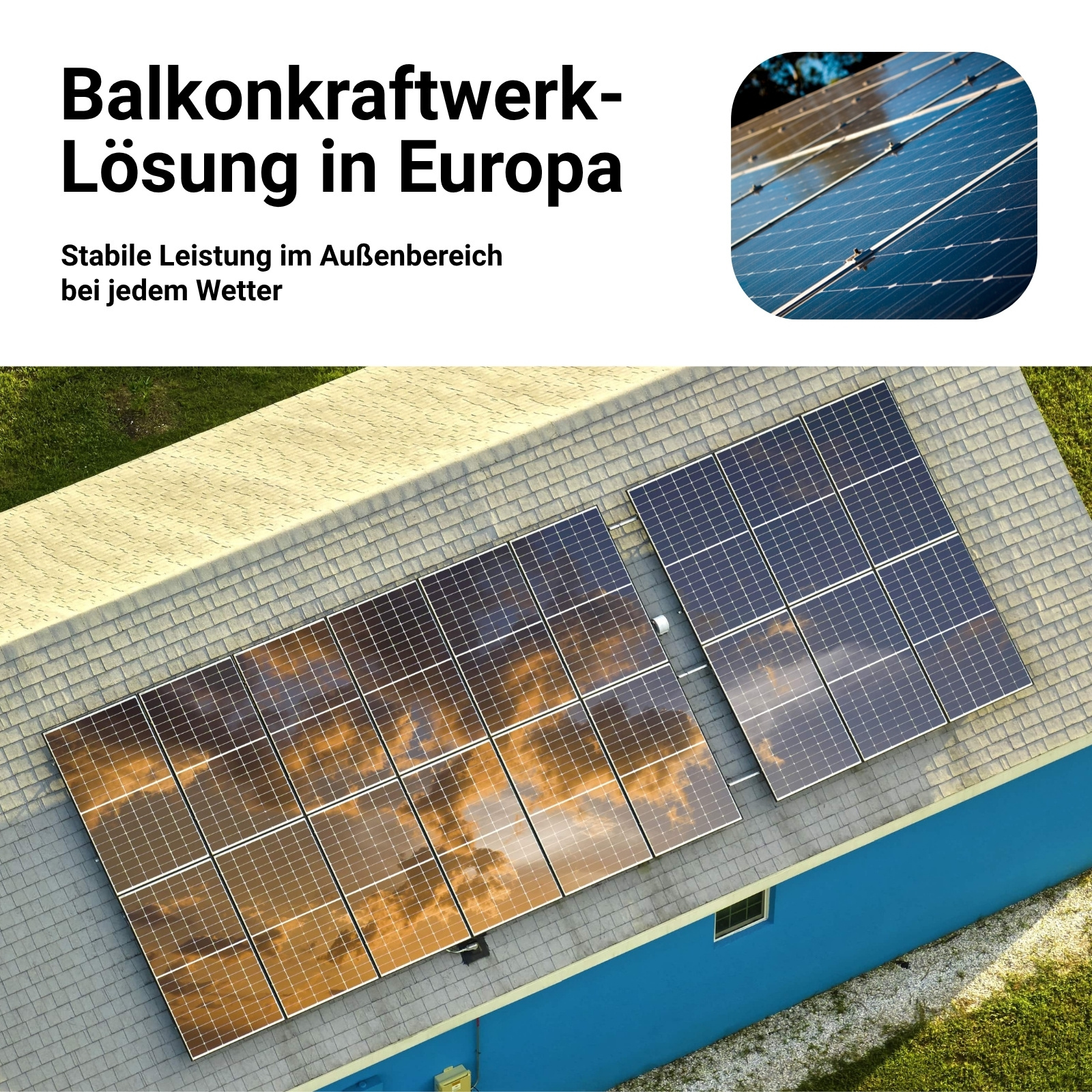 Solarpanels auf einem grauen Dach mit blauer Wand und deutscher Textwerbung.