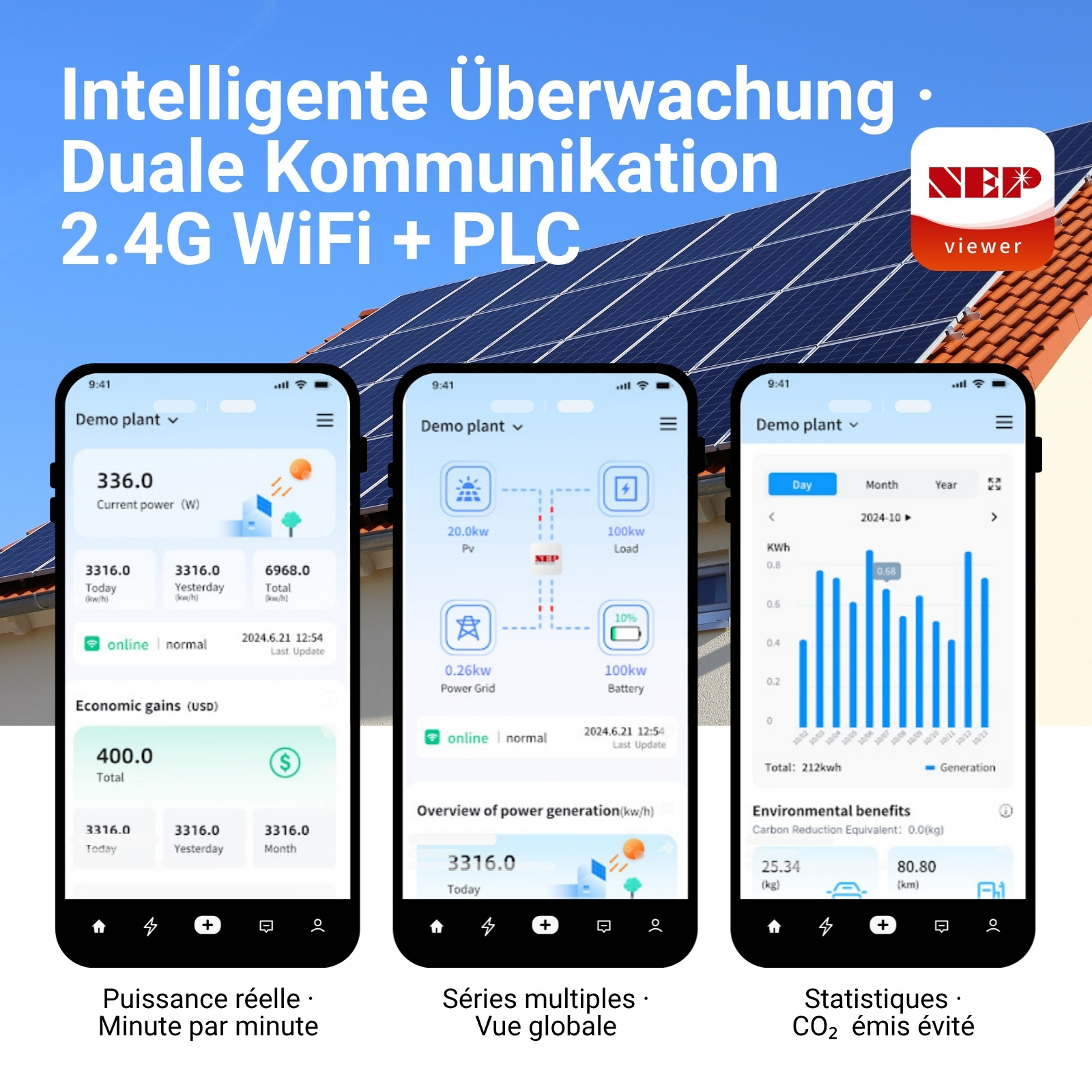 Drei Smartphones zeigen Solar-Energie-Monitoring-Apps vor Solaranlagen auf einem Dach.